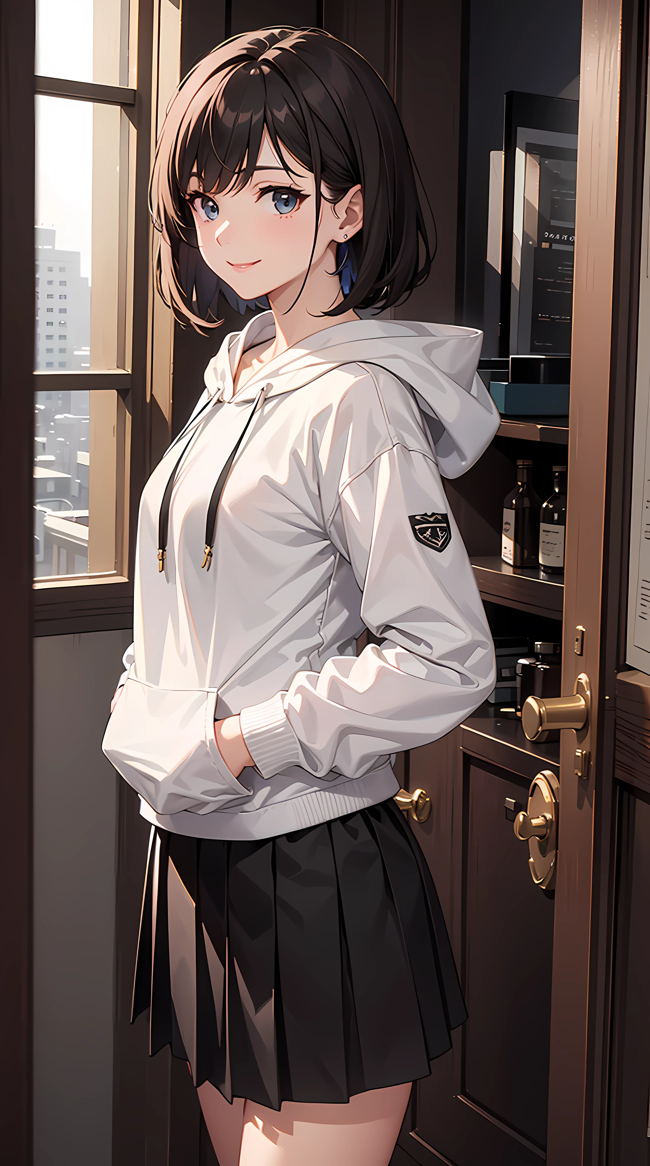 (masterpiece:1.0),(best_quality:1.0), ultra high res,ultra-detailed, professional artwork, Intricate Details, sharp focus, extremely detailed painting, photorealistic lighting, trending on pixiv, Standing at attention, looking at viewer, official art,extremely detailed CG unity 8k wallpaper, 1girl, solo, a character with short black hair, wearing a white hoodie, black pleated skirt, high-leg white socks, and white shoes, cowboy shot, happy, smiling