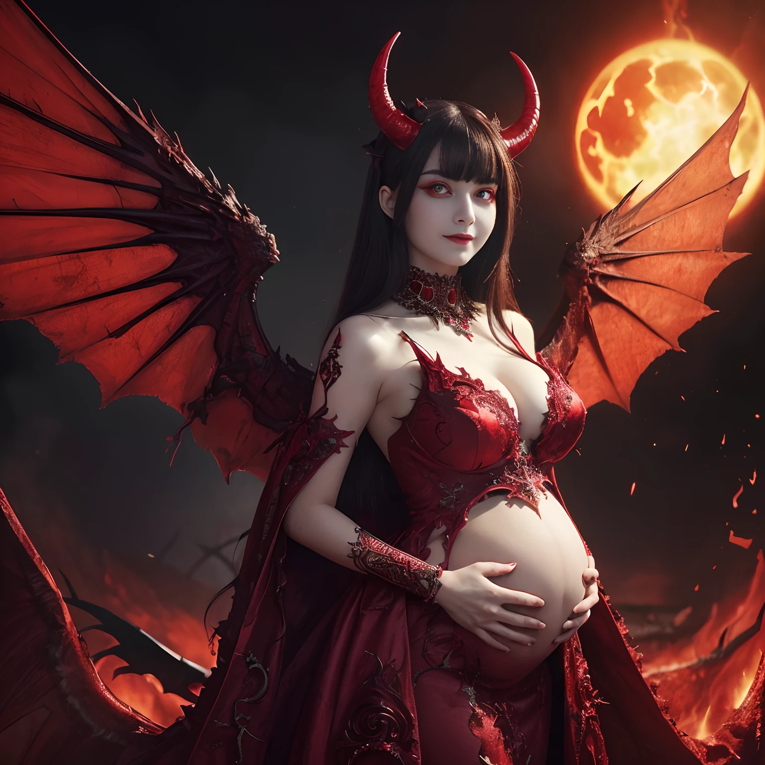 ((A very terrifying demon queen,Lots of devil horns on the shoulders,The perfect figure as a demon,The final form of the unimaginable demon,The Devil in Perfection,The unimaginably huge and gorgeous devil dress)),((Parts of the body are made of lava,The biggest smile looking at the camera,pregnant)),The most beautiful face,The most luxurious and intricate dresses,Huge long dress,((red eyes,Glowing red eyes,Glowing red eyes)),Chest that seems to burst,Giant wings of the devil,a lot of blood on the face,,The background is the perfect Devil's Castle look,Complex and detailed Devil's Castles,Masterpiece,8K,very intricate,ultra-detailliert