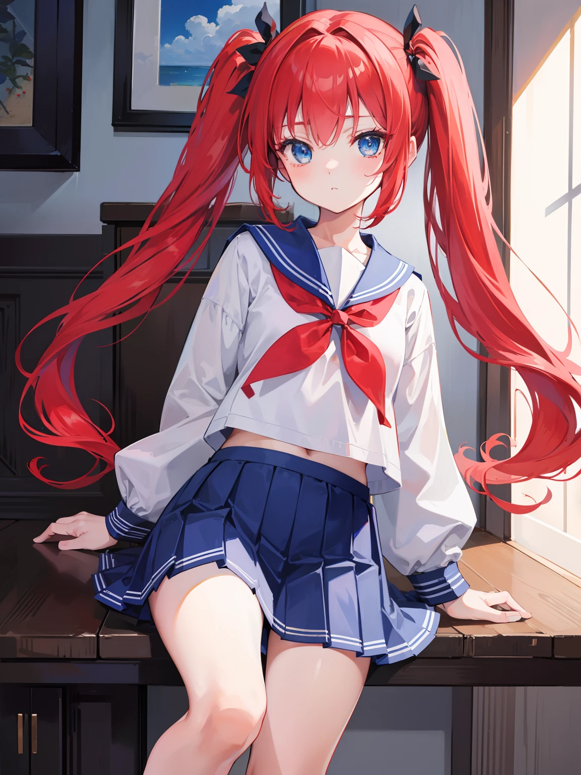 {{best quality}}, {{masterpiece}}, {{ultra-detailed}}, {illustration}, {detailed light}, red hair, blue eyes, twintails, Sailor suit,Pleated skirt,cute face,loli,little girl,