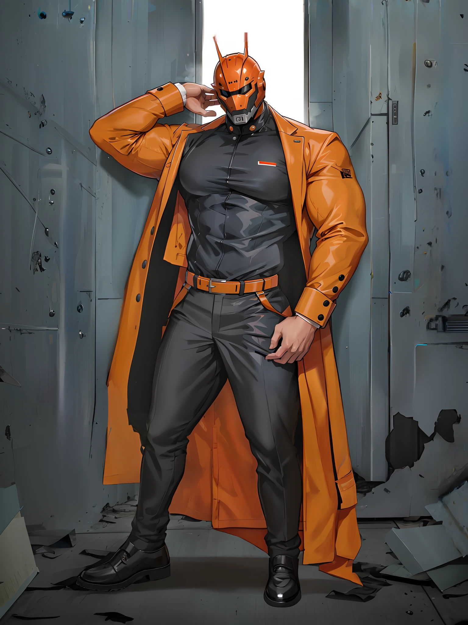 Muscular male, big muscular male, faceless, faceless male, helmet covering all of face, futuristic helmet, wearing casual office suit black casual longpants, black pantofel shoes, abandoned room background