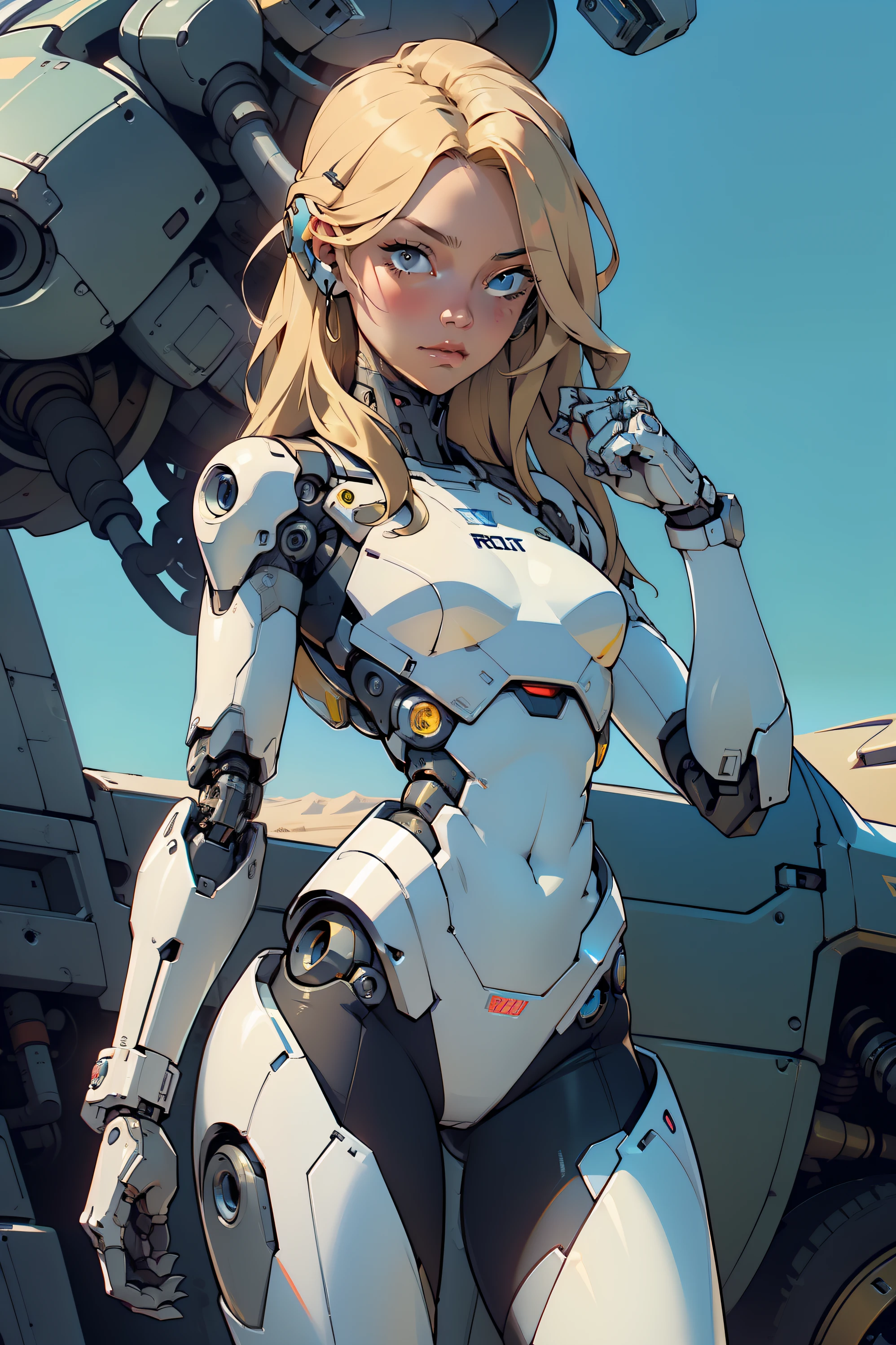 high quality, 4k, masterpiece, beautiful, cyborg girl, cowboy shot, dull eyes, looking at viewer, long blonde hair, girl, small breasts, fit thigh, robotic arms, robotic body, cyborg body, yellow accent, intricate detail, joint, detailed lines, robotic detail, holding fist up, holding hand up as fist, color robotic parts, robotic parts with color, perfect fingers, on a strange planet, sunny background, bright background,