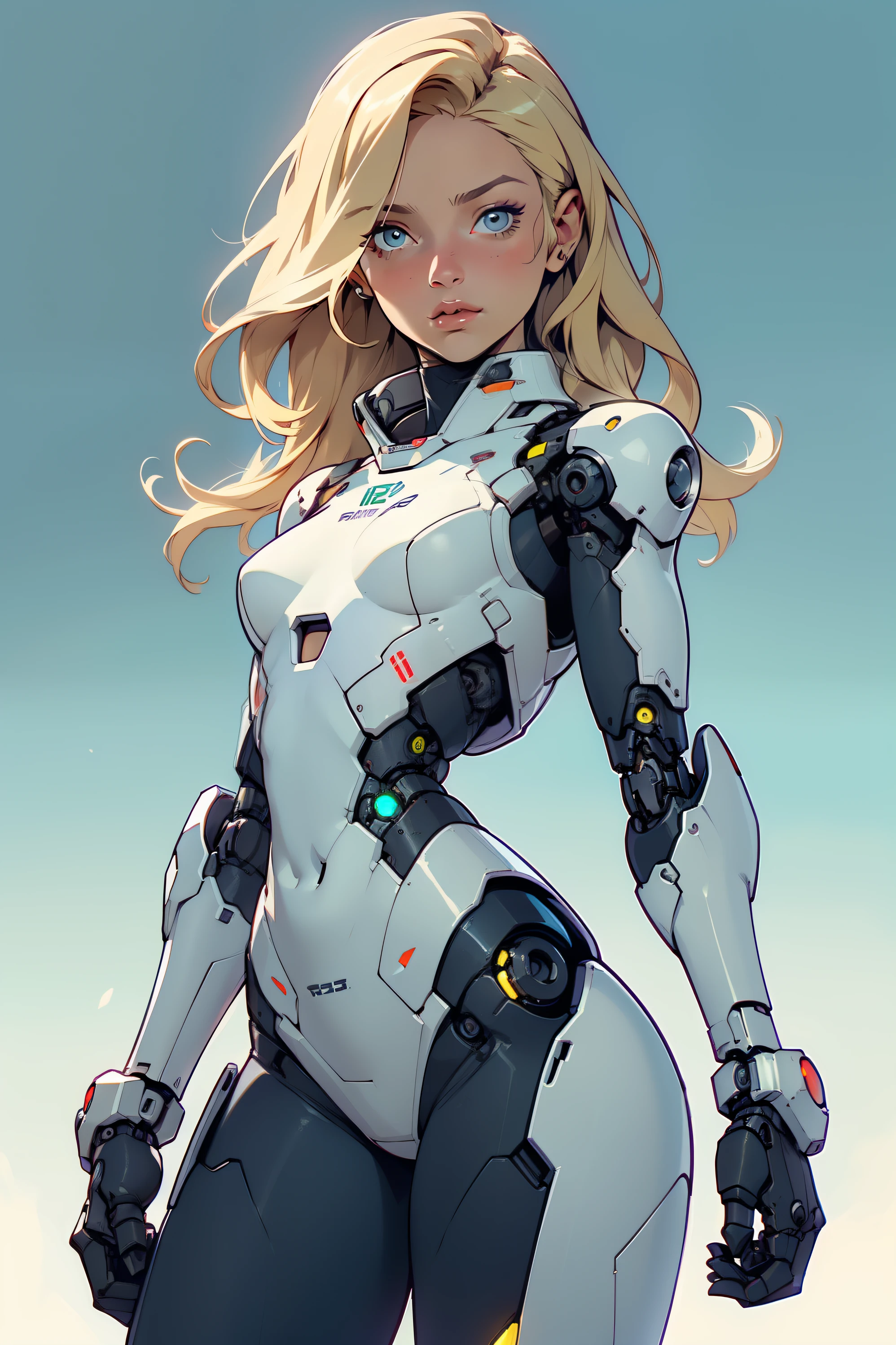 high quality, 4k, masterpiece, beautiful, cyborg girl, cowboy shot, dull eyes, looking at viewer, long blonde hair, girl, small breasts, fit thigh, robotic arms, robotic body, cyborg body, yellow accent, intricate detail, joint, detailed lines, robotic detail, holding fist up, holding hand up as fist, color robotic parts, robotic parts with color, perfect fingers, on a strange planet, sunny background, bright background,