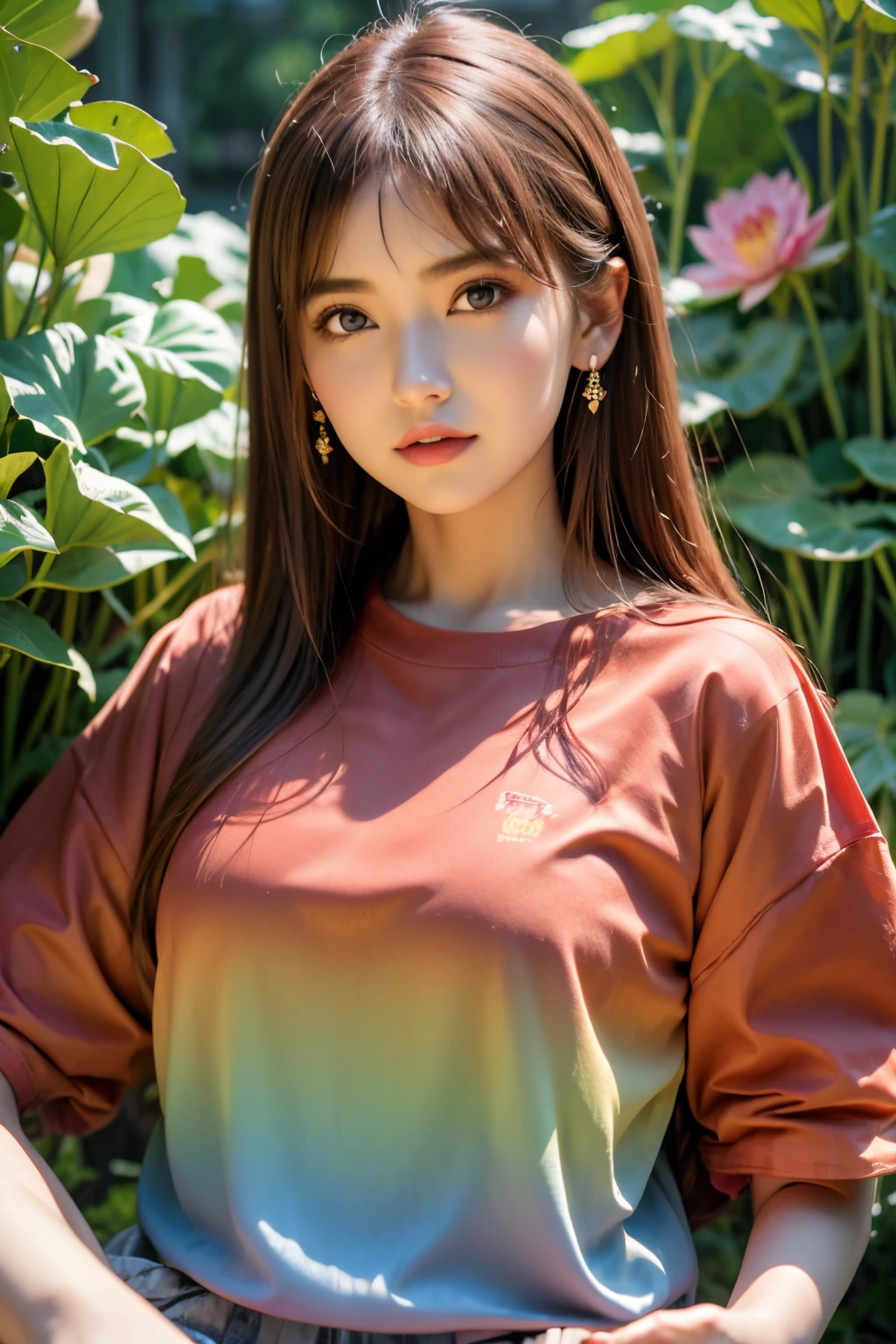 Samia, the girl, 独奏, shirt, Looking at you, face, Perfect, flower, High best quality, radiation, knight, divine, red shirt, Red velvet, aqua, ocean, lotus