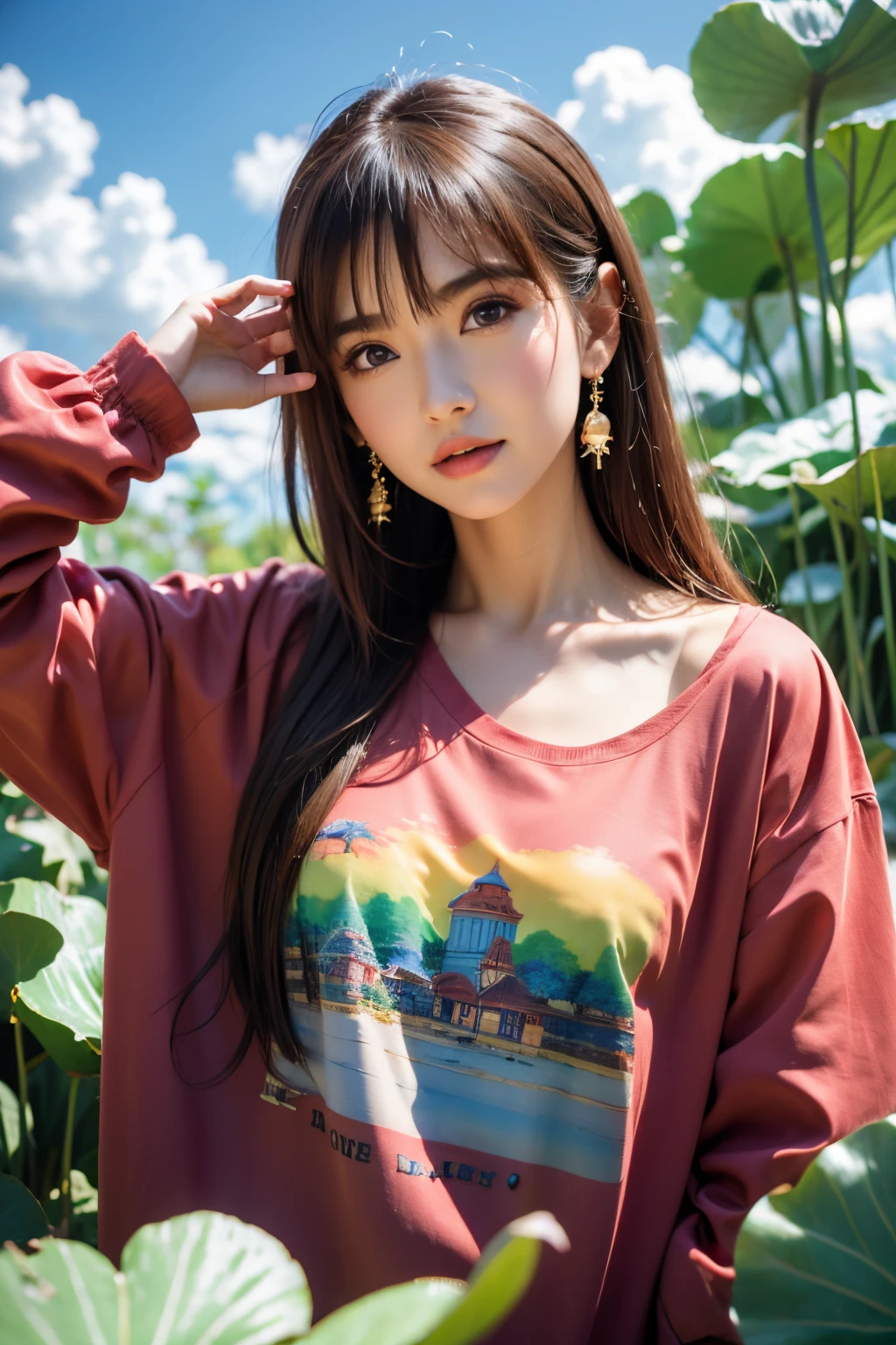 Samia, the girl, 独奏, shirt, Looking at you, face, Perfect, flower, High best quality, radiation, knight, divine, red shirt, Red velvet, aqua, ocean, lotus