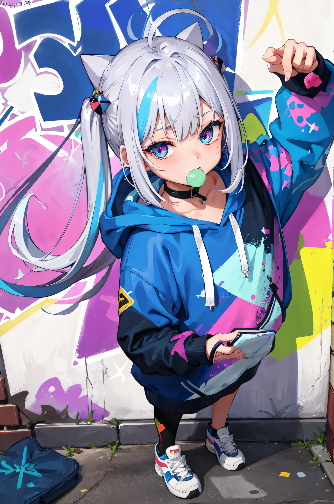 masterpiece, hightquality, hight resolution, absurderes, ultra-detailliert, 8K, 1girl in, Platinum Gray Hair, blue hairs, hair of Multi-colors, Gradient Hair, Look at the viewer, Colorful eyes, colorful hoodie, (graffiti murals wall background: 1.15), Brilliant Colorful Paintings、florals、portraitures、Cross hair ornament、chewing gum、(gros-plan: 1.2)、From above、Cat smeared