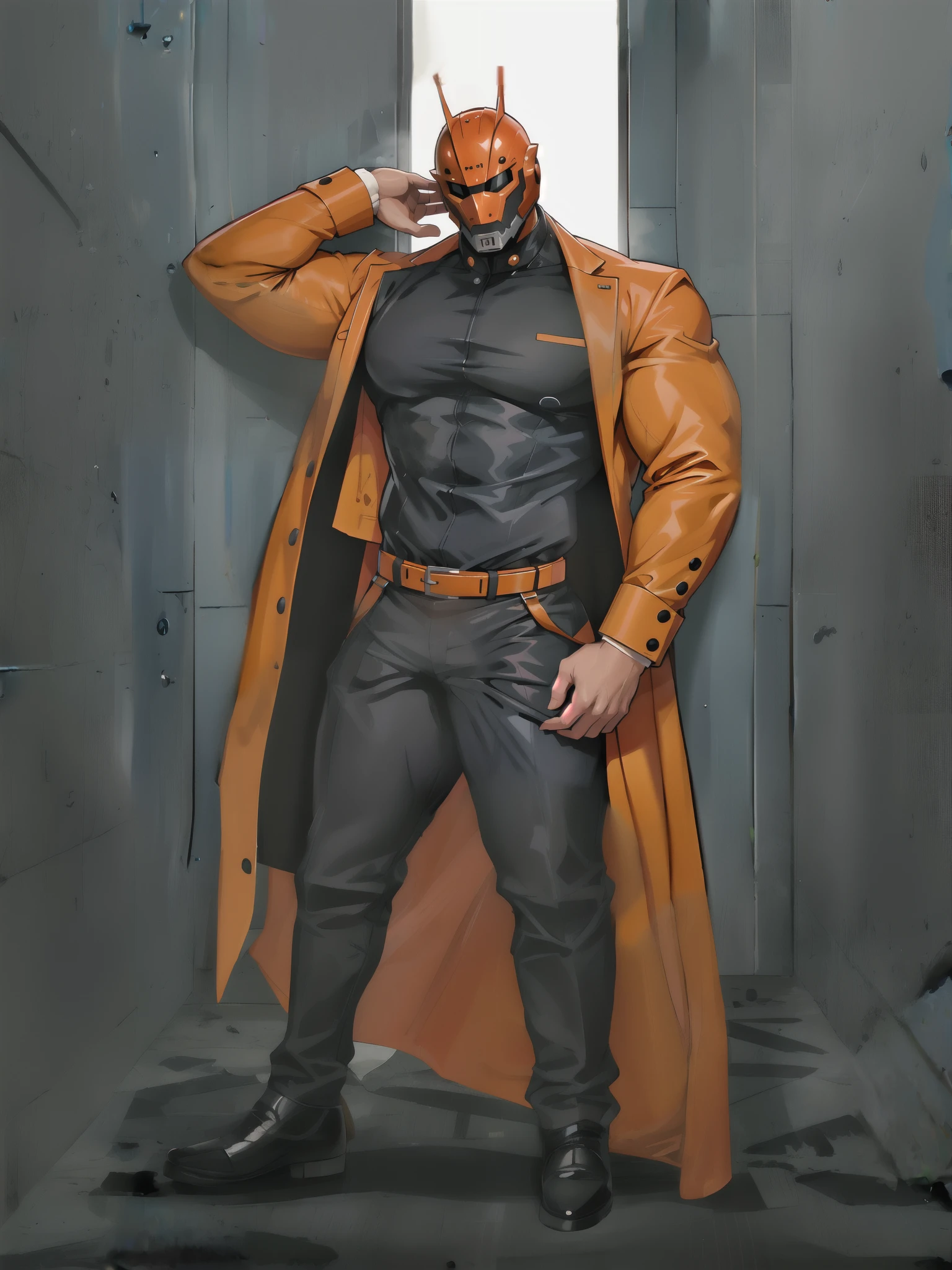 Muscular male, big muscular male, faceless, faceless male, helmet covering all of face, futuristic helmet, wearing casual office suit black casual longpants, black pantofel shoes, abandoned room background