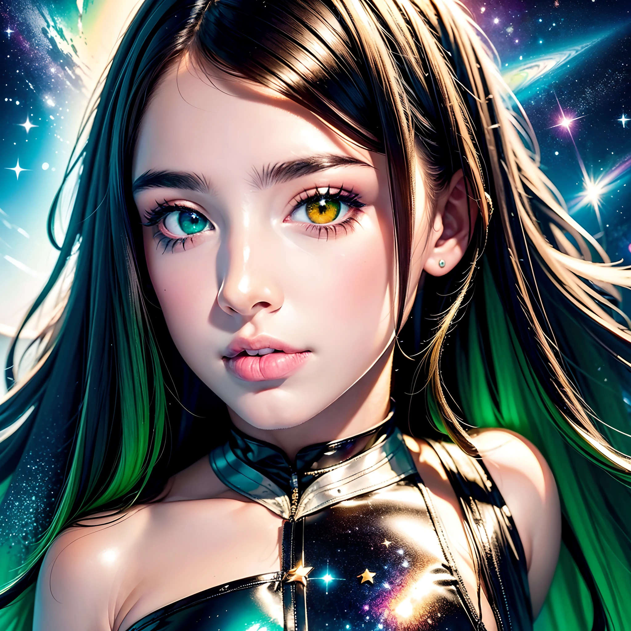 Black voluminous hair, galaxy in hair, green eye, brown eye, heterochromia, green bangs, stars in hair, photorealistic, white bodysuit, 1girl, space