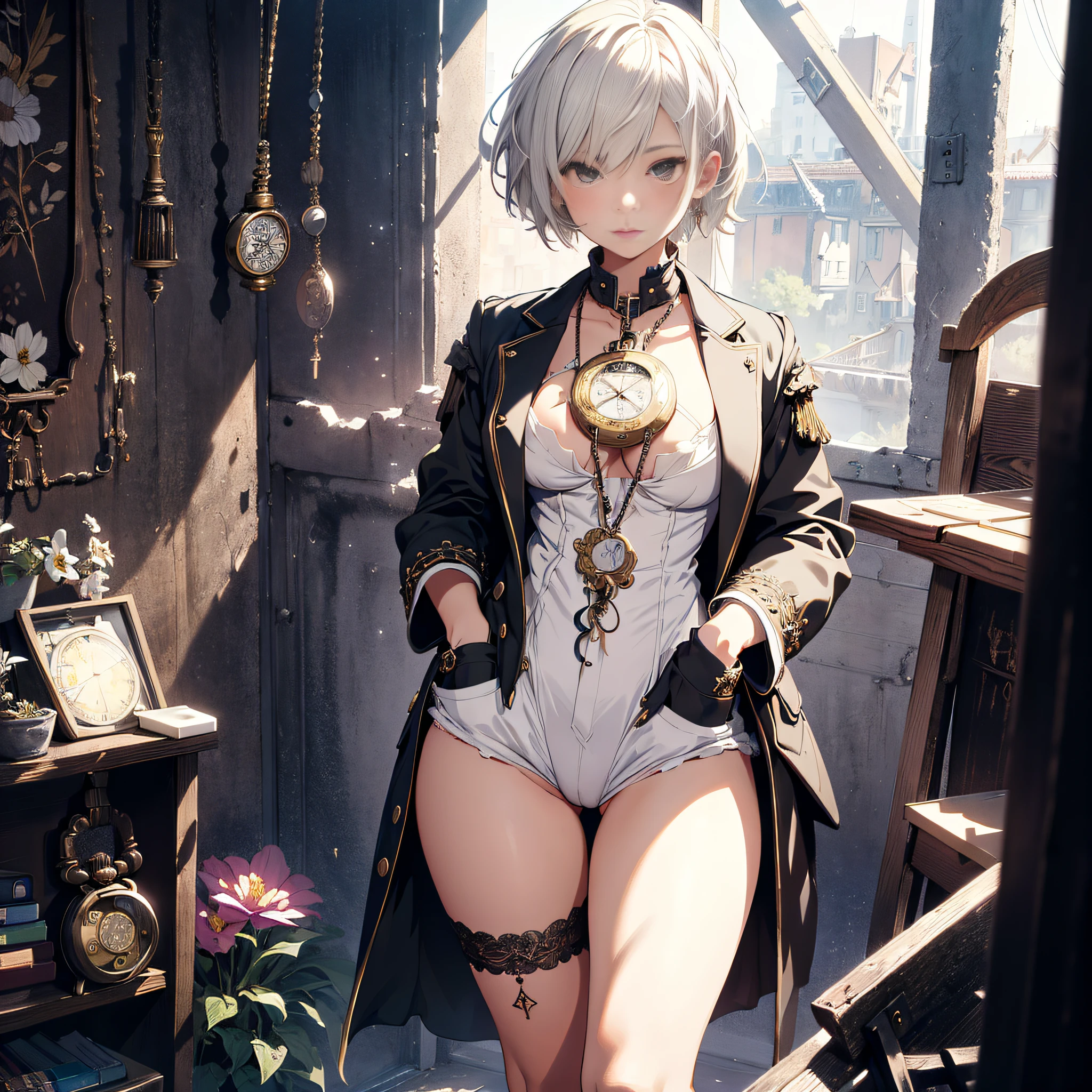 (Highly detailed fine touch:1.3), ///, (((Girl looking at pocket watch))),((pocket watch)), white short hair, Mixed Media, diverse materials, unexpected combinations, creative exploration, Upper body , flower, Ink paint. Full body,(((NSFW)))