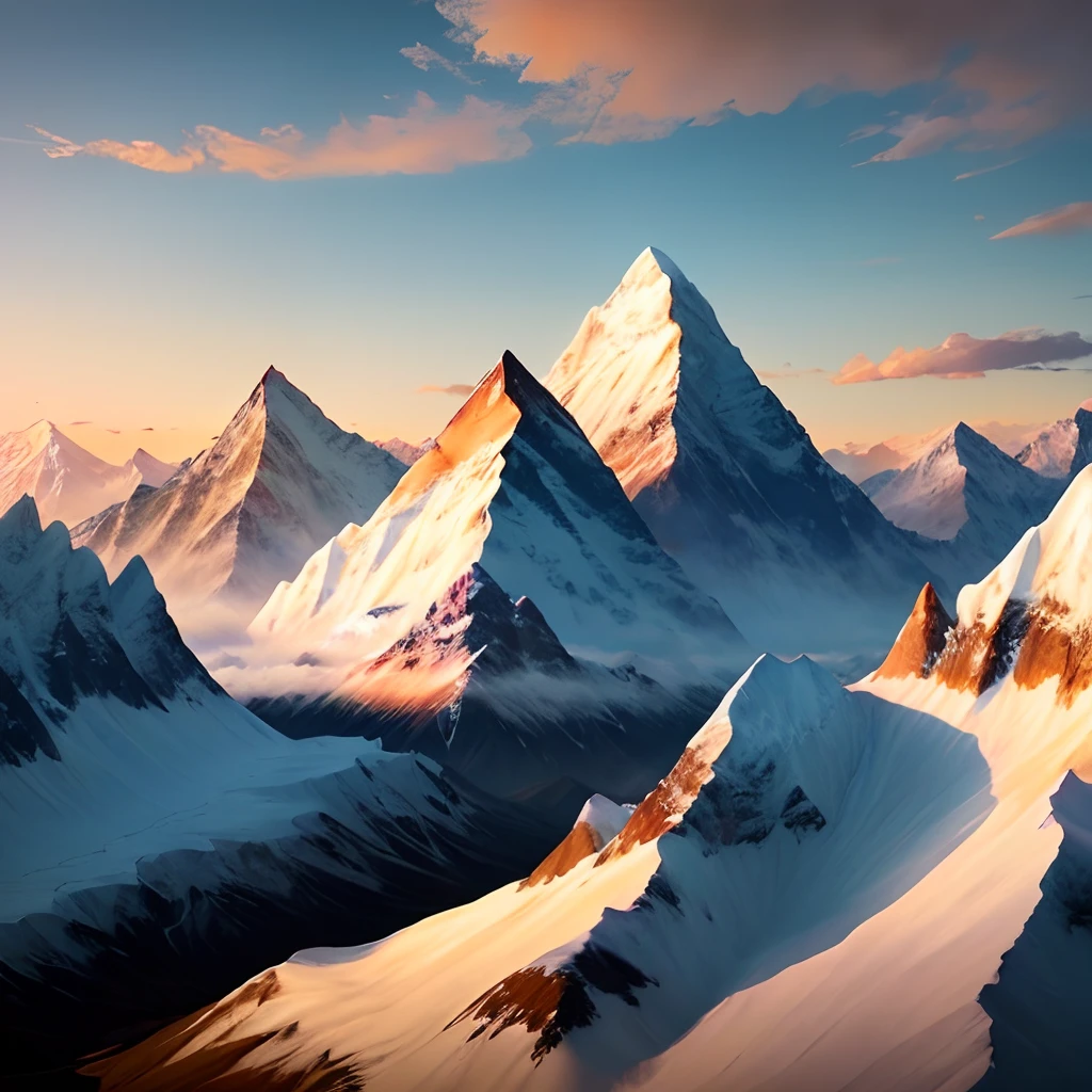 A beautiful sunrise on the mountains of the Himalayas , snowy peaks shining due to early sunlight, 8 K, high quality, ultra detail image