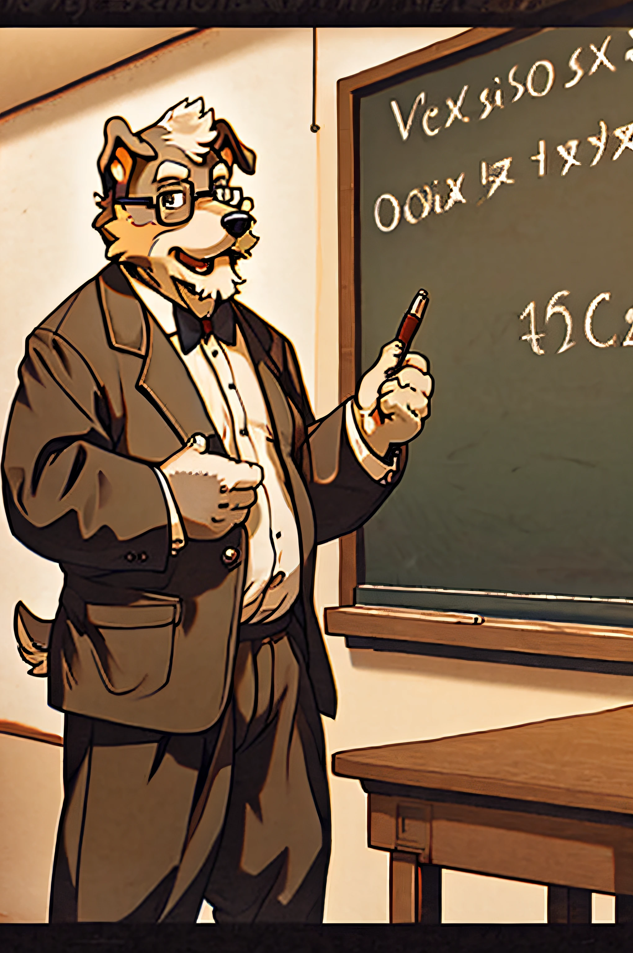 A fairly elderly professor using a blackboard to explain mathematical formulas、Old dog schnauzer、‎Classroom、Vintage Sepia Photography