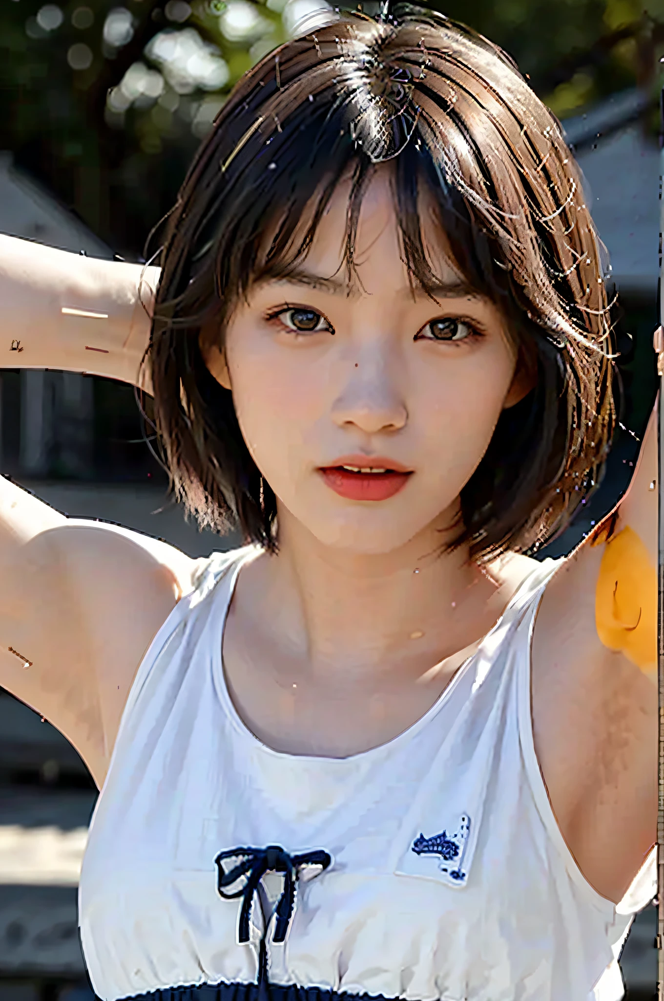 hyperrealistic illustrations、High resolution 8K、With highly detailed illustrations、A masterpiece characterized by beautiful detailed eyes。Perfect as wallpaper、Features a detailed face。The figure is drooping and sweating a little.、It is a short-haired Japan girl with a close-up of the upper body and the armpits。She is wearing a simple white tank top.、The inner color is the key。She is portrayed solo、The background is simple。pure、She has big。This work is a detailed depiction of a camel's toe。(best quality,4k,8k,highres,masterpiece:1.2), ultra-detailed,(realistic,photorealistic,photo-realistic:1.37)High-quality images。