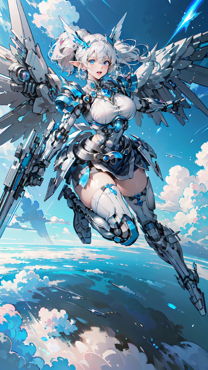 (Masterpiece, Best Quality, great, Highly detailed ajectar Unity、8k wallpaper, Depth-of-field, super fine-illustration:1.5)、3D, Extremely detailed, (s whole body、a mech elf girl:1.3), sci-fi battlefield, hawken, Smile, Open mouth, short ponytail hair, (white blonde hair, Deep Blue Eyes:1.2), Sparkling eyes, Cute face, kawaii, Large breasts, delicate hair, disheveled hair, (((Flying high in the sky))、Blue sky, white clouds), Shiny hair, shiny skin, (Symmetrical mechanical wing、Metallic colored mechanical wings that are widely expanded to the left and right so that they protrude greatly from the screen, headgear, white hair ornament), (Particles of light, Cinematic lighting: 1.3), (Thin pink lips: 0.8), by Yusuke Murata.