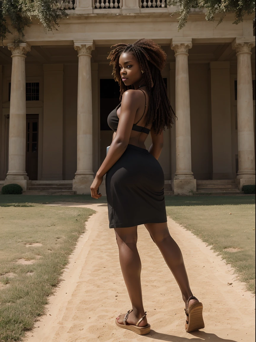 corps entier , beau visage, long, braided hair,Daylight and fair complexion, afro-american, Detailed, ultra quality, poitrine claire, sans manches et culotte sculptante debout au salon, montrant ses fesses