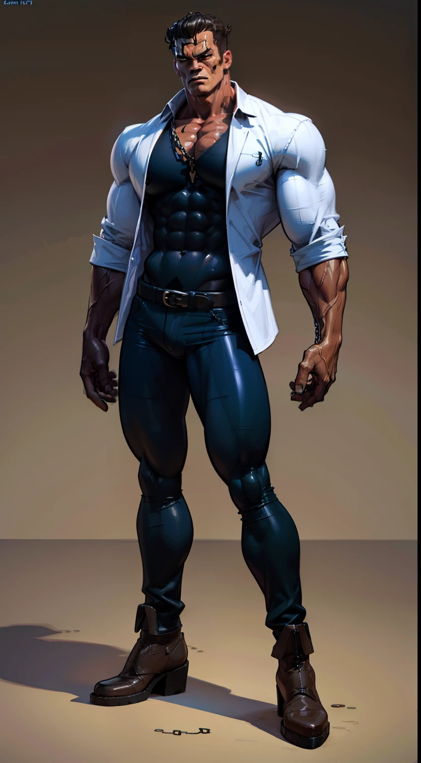 Frankenstein monster, ((dark blue skin)), colored skin, muscular, masterpiece, full body view, distressed black business suit, open white shirt, oversized brown boots, angry face, bolts on each side of neck, chains around a wrists, standing monstrous