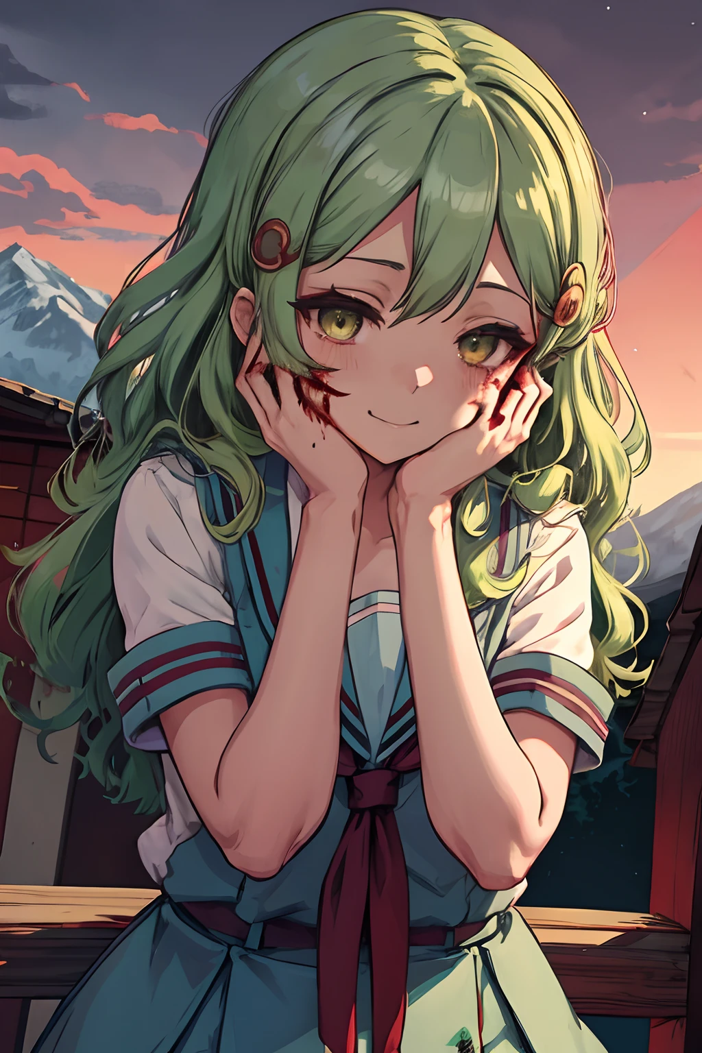 (masutepiece:1.1), Best Quality,Emil, kita high school uniform, Green eyes, hair clips, castle, Outside, Persistent stare, mountainscape, Looking at the viewer,Night, Red sky, blood moon, yandere trance, yandere, hands on own face,hands on own cheeks, blank eye, blush, huge smile, Yanderes Mile, (Blood:1.2), Constricted pupils