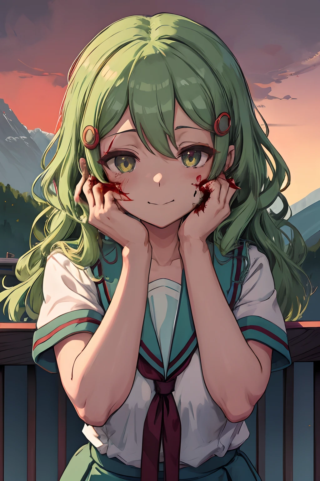 (masutepiece:1.1), Best Quality,Emil, kita high school uniform, Green eyes, hair clips, castle, Outside, Persistent stare, mountainscape, Looking at the viewer,Night, Red sky, blood moon, yandere trance, yandere, hands on own face,hands on own cheeks, blank eye, blush, huge smile, Yanderes Mile, (Blood:1.2), Constricted pupils