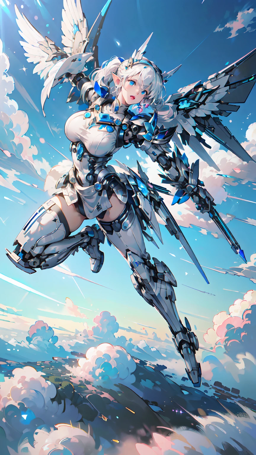 (Masterpiece, Best Quality, great, Highly detailed ajectar Unity、8k wallpaper, Depth-of-field, super fine-illustration:1.5)、3D, Extremely detailed, (s whole body、a mech elf girl:1.3), sci-fi battlefield, hawken, Smile, Open mouth, short ponytail hair, (white blonde hair, Deep Blue Eyes:1.2), Sparkling eyes, Cute face, kawaii, Large breasts, delicate hair, disheveled hair, (((Flying high in the sky))、Blue sky, white clouds), Shiny hair, shiny skin, (Symmetrical mechanical wing、Metallic colored mechanical wings that are widely expanded to the left and right so that they protrude greatly from the screen, headgear, white hair ornament), (Particles of light, Cinematic lighting: 1.3), (Thin pink lips: 0.8), by Yusuke Murata.