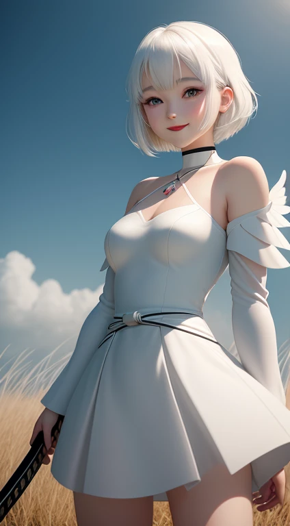 Anime character, girl, beautiful short shoulder length hair, white dress, wearing a thigh length dress, long sleeved dress, white hair, beautiful face, light blue eyes, 8k resolution, HD quality, very detailed body parts, full body, standing pose, smiling sweetly,Holds a glowing katana, black belt, Black necklace, Has glowing white wings, red lips, grassland background, Taking photos at a distance of 5 meters
