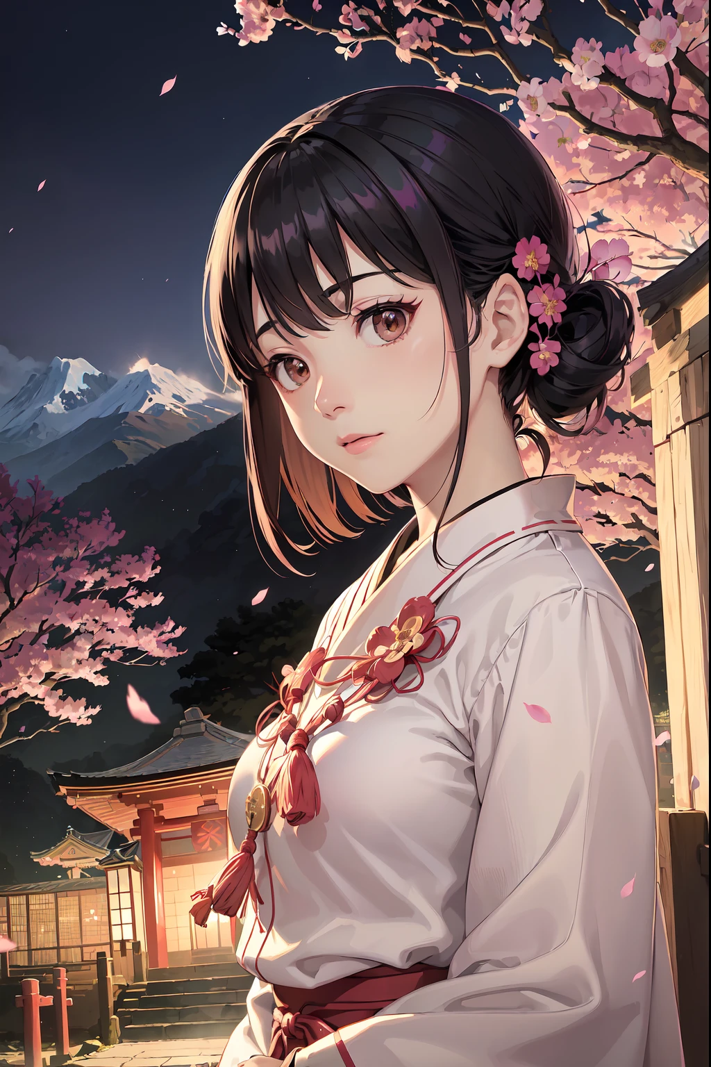 (Best Quality, masutepiece),(1girl in, shrine maiden, coat, Facial expression face, Black eyes, view front ,Black hair, Walking, Upper body), (Labyrinth at night, Huge old tree behind, Falling sparkling pink petals on the background, Shrine behind, mountain background, Blowing wind, Meteor clouds)
