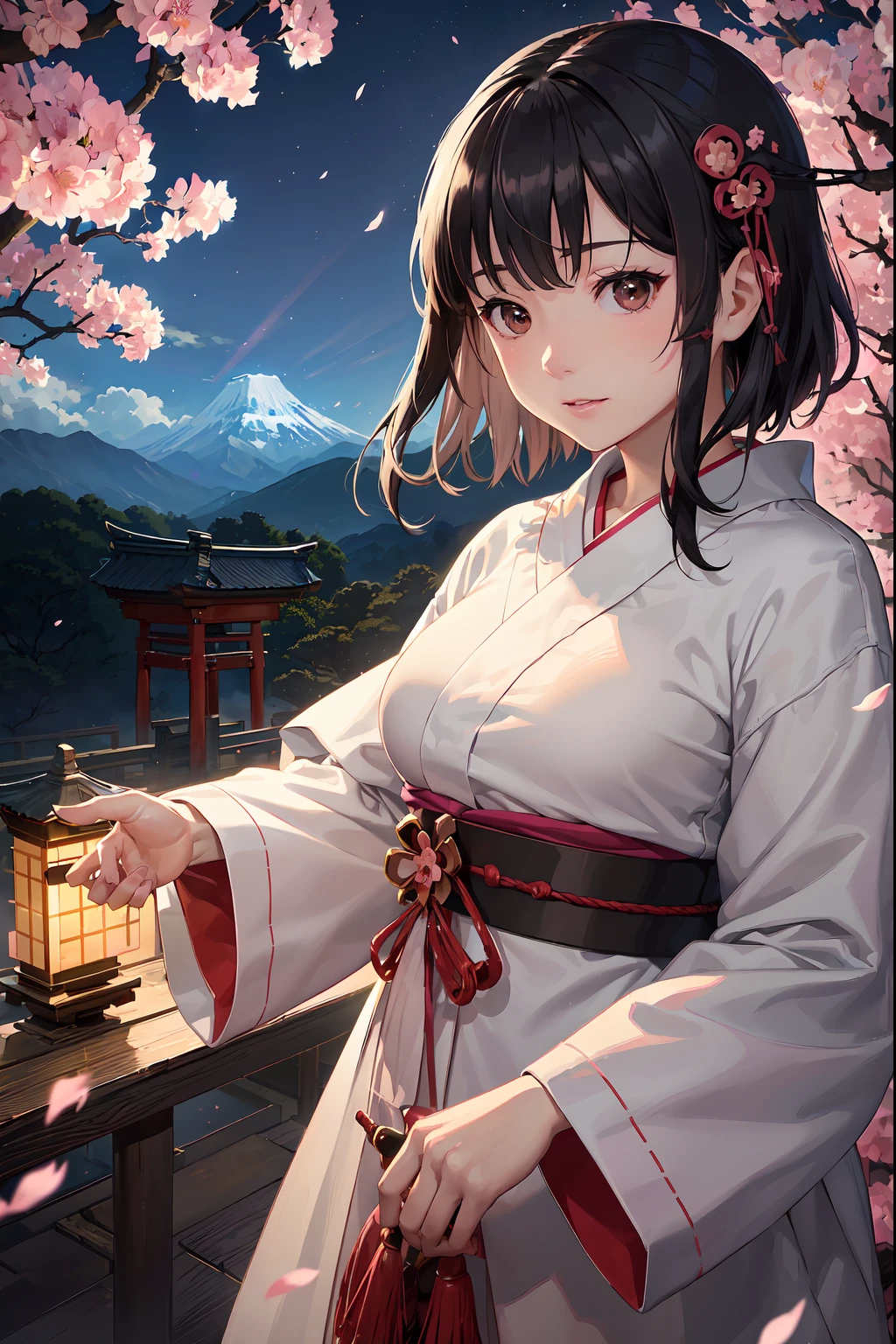(Best Quality, masutepiece),(1girl in, shrine maiden, coat, Facial expression face, Black eyes, view front ,Black hair, Walking, Upper body), (Labyrinth at night, Huge old tree behind, Falling sparkling pink petals on the background, Shrine behind, mountain background, Blowing wind, Meteor clouds)