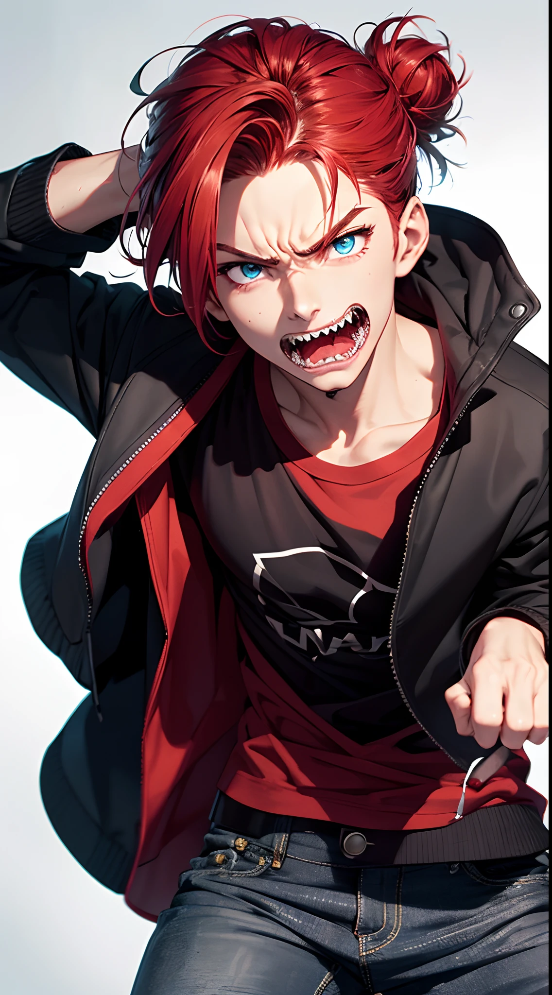 Masterpiece, 1person, (1boy:1.5), A young boy with white skin, short red hair, anime hair, hair up, straight hair, red hair, detailed hair, hair in a bun, wavy hair, cold blue eyes, detailed eyes, slin fitness and strong body, psychopath look, angry psychopath, black clothes (black jacket and black jeans), sharp teeth, detailed teeth, maniac face expression, detailed face, detailed skin, detailed hands, detailed picture background, action pose