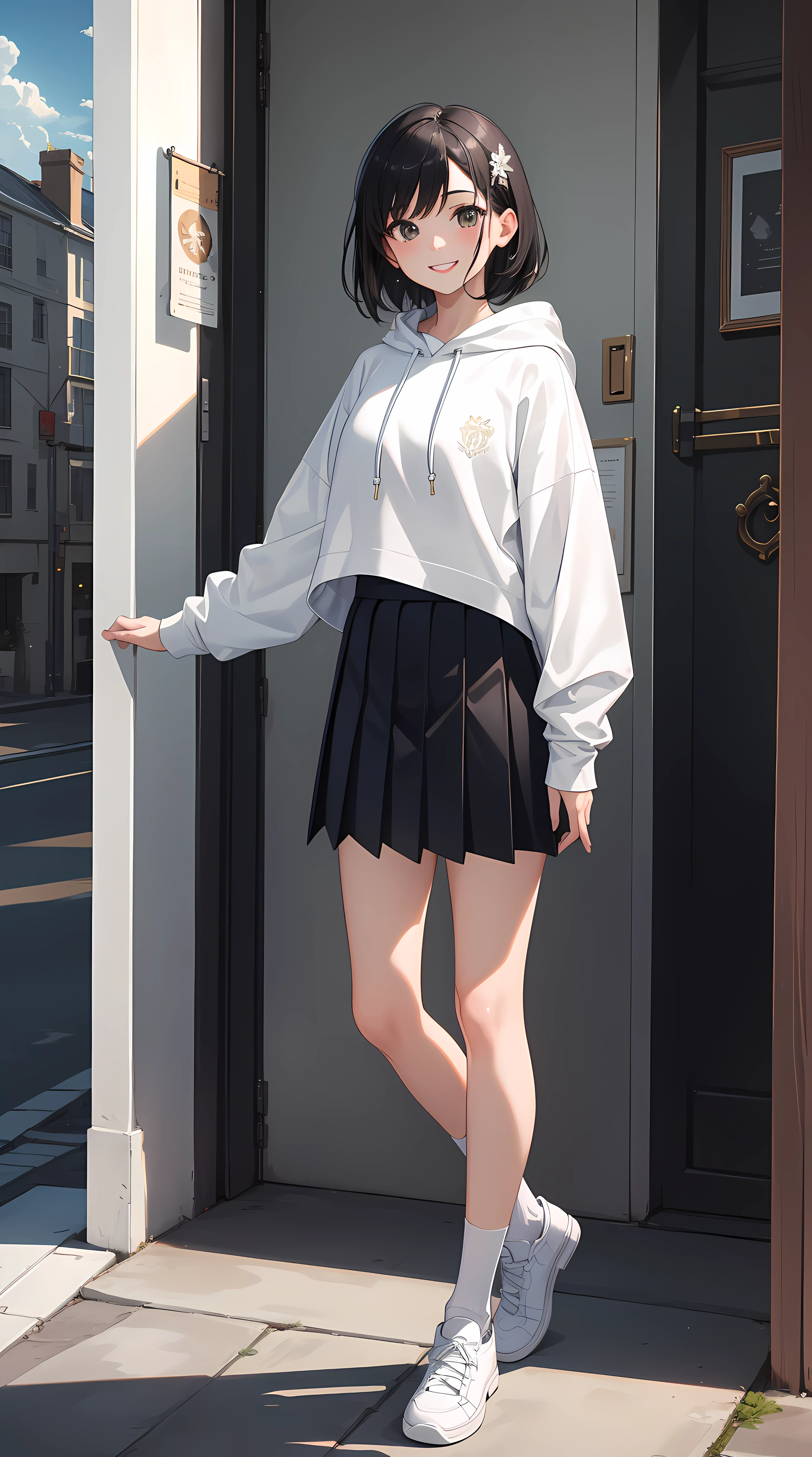 (masterpiece:1.0),(best_quality:1.0), ultra high res,ultra-detailed, professional artwork, Intricate Details, sharp focus, extremely detailed painting, photorealistic lighting, trending on pixiv, Standing at attention, looking at viewer, official art,extremely detailed CG unity 8k wallpaper, 1girl, solo, a character with short black hair, wearing a white hoodie, black pleated skirt, high-leg white socks, and white shoes, cowboy shot, happy, smiling