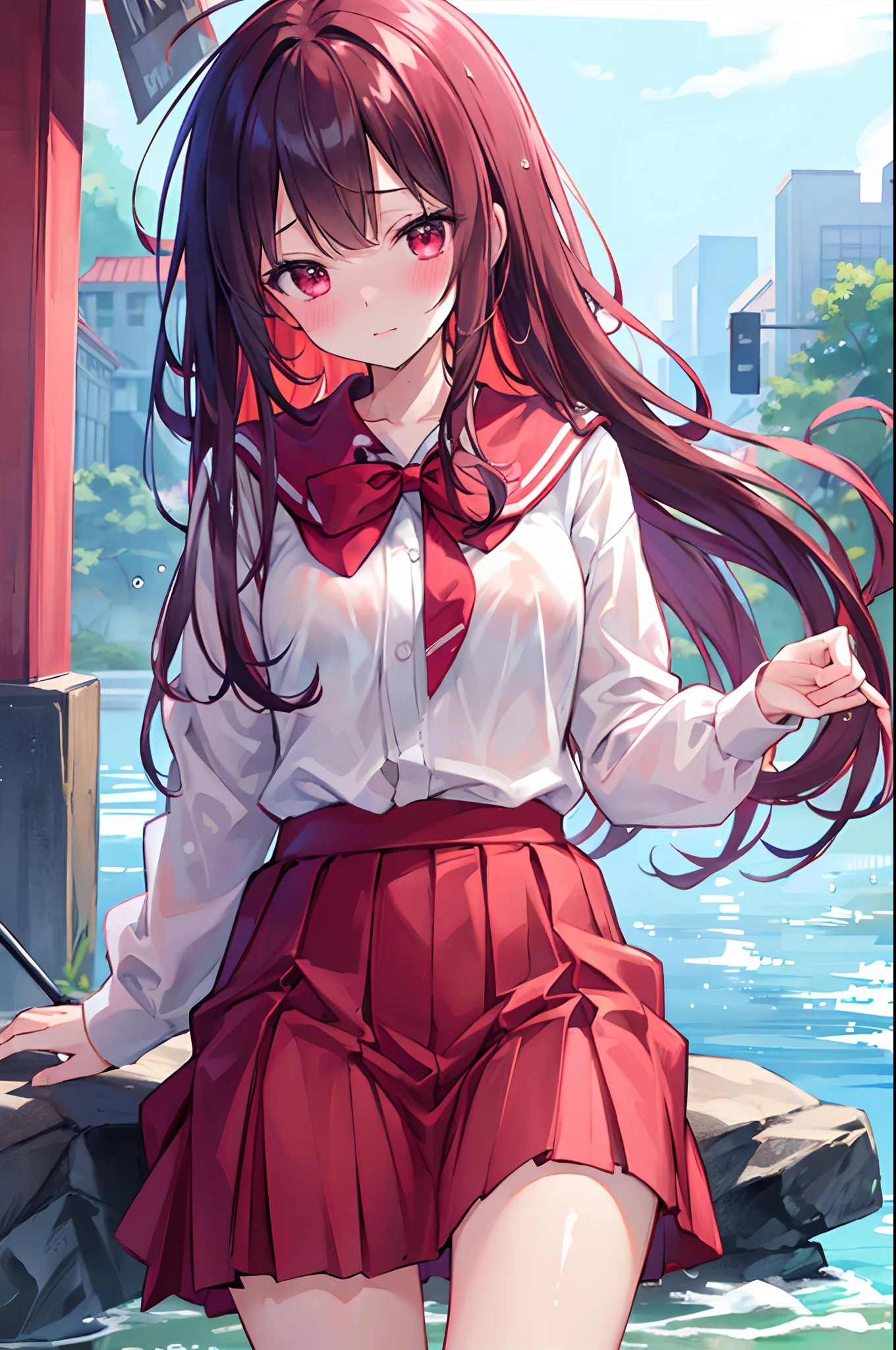 8K, Best Quality, masutepiece, Highly detailed,wetting hair、Wet clothes、student clothes、red blush