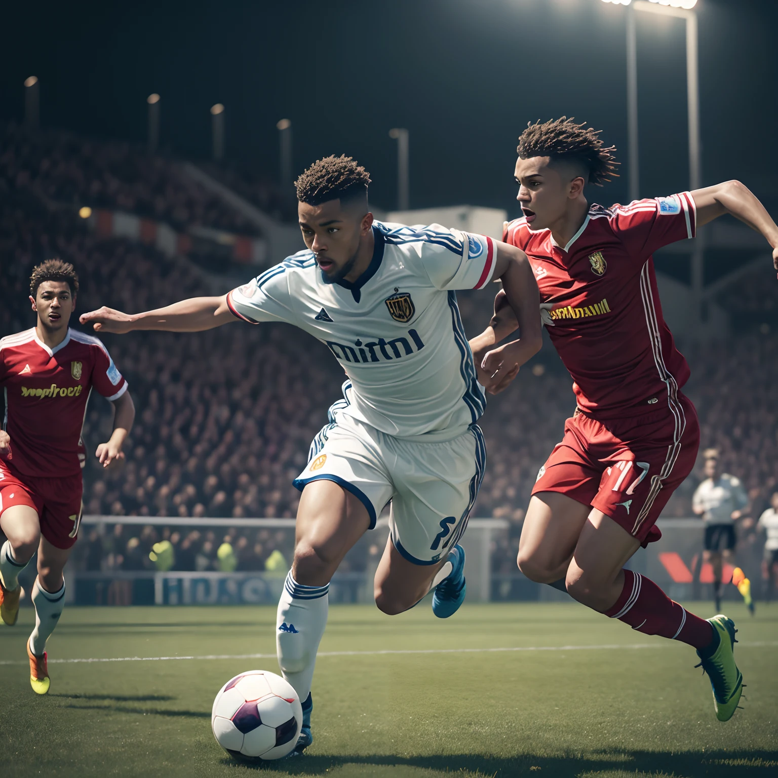finest image, (8k, RAW photo, realistic), detailed and delicate depiction and flashy and dynamic painting method, soccer match, running up while dribbling, furious dash, keeper in front of you, opposing players chasing, grass soccer field, enthusiastic spectators, dynamic, handsome athlete