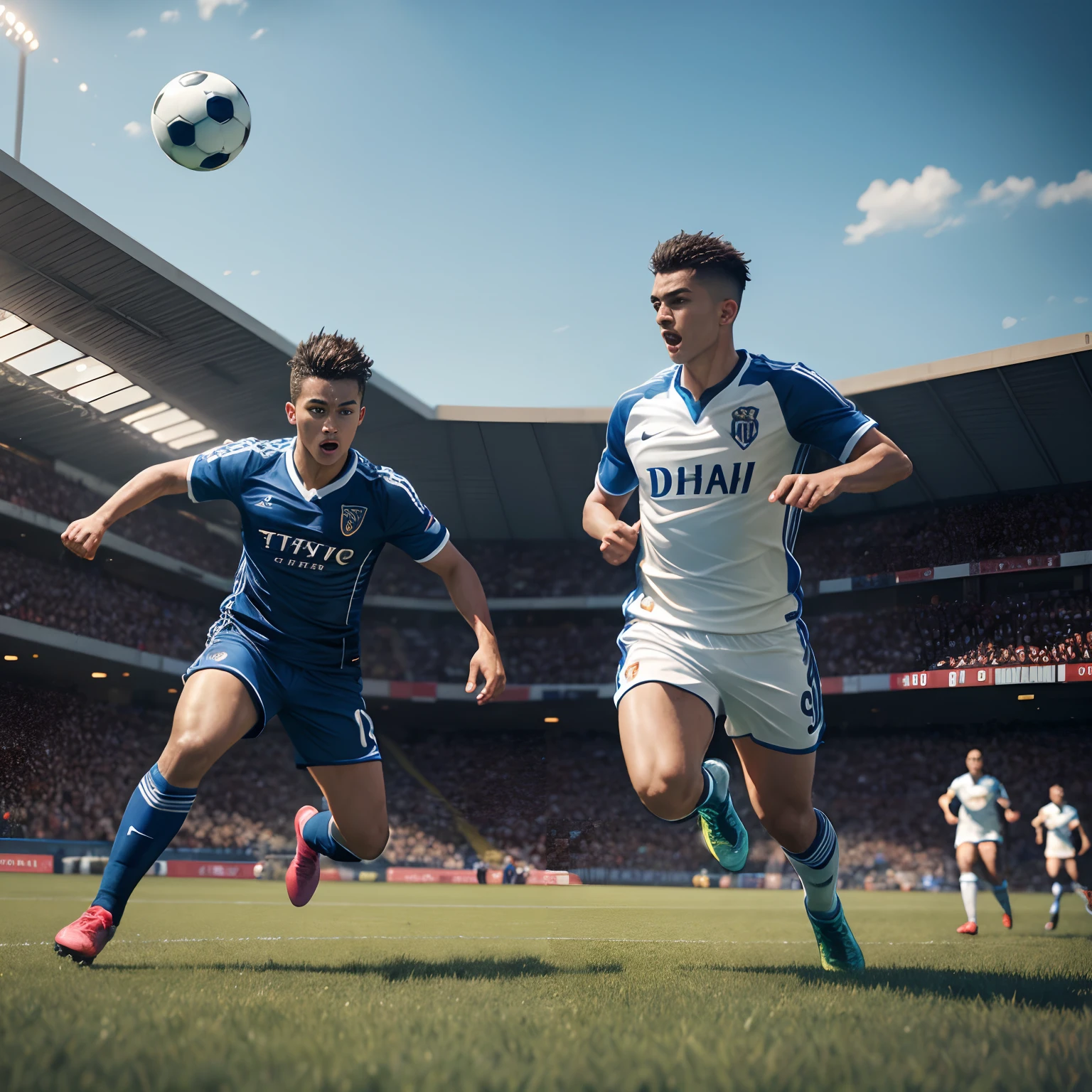 finest image, (8k, RAW photo, realistic), detailed and delicate depiction and flashy and dynamic painting method, soccer match, running up while dribbling, furious dash, keeper in front of you, opposing players chasing, grass soccer field, enthusiastic spectators, dynamic, handsome athlete