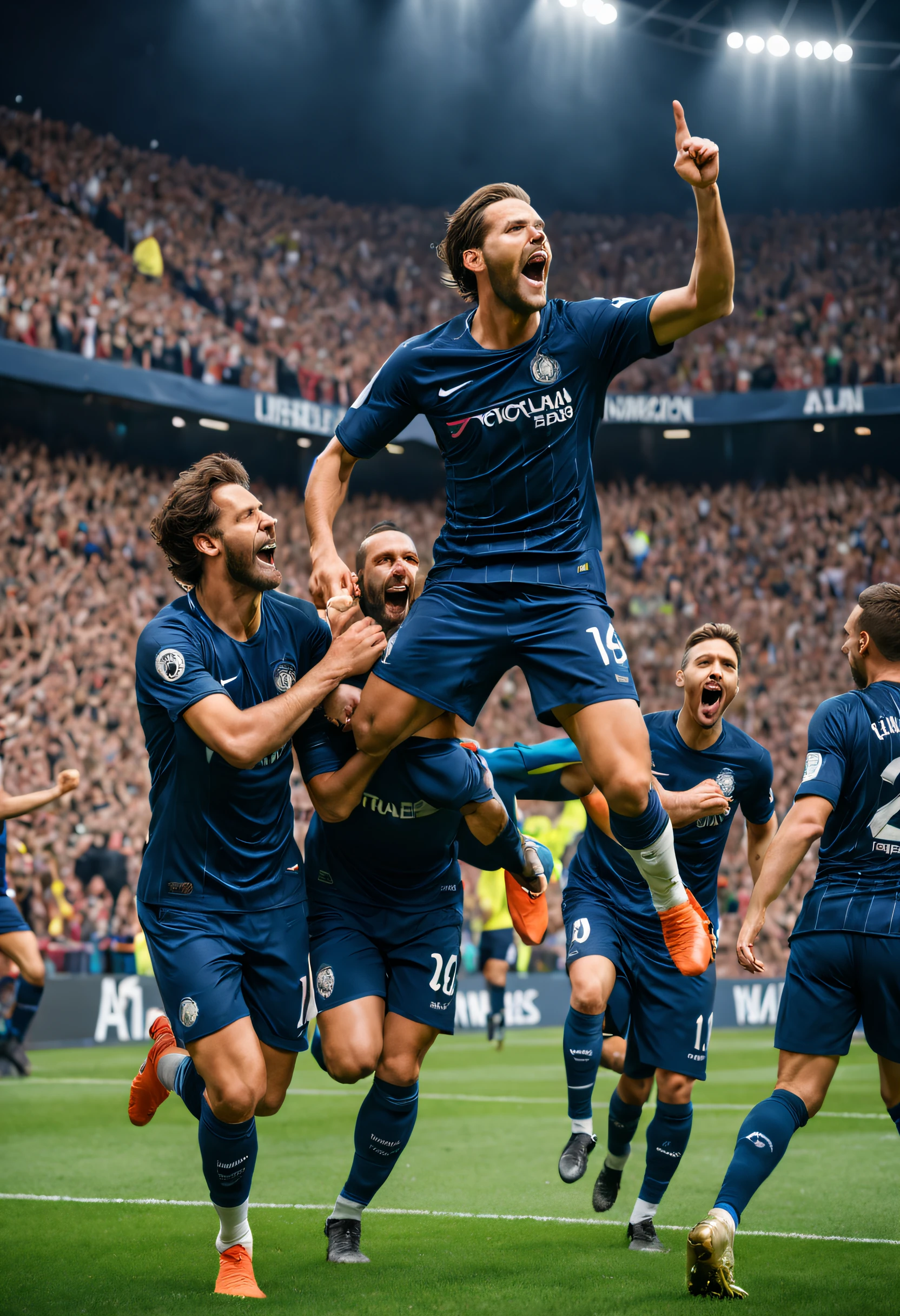 (Award-Winning Moment, holding prize), at the award ceremony, the winning team gathered together to celebrate. Bright colors filled the picture, showing the enthusiasm and vitality of the team. The members hug and high-five each other, and the blurred crowd in the background contrasts sharply with the clear team members, full body, award-winning, cinematic still, emotional, vignette, dynamic, vivid, (masterpiece, best quality, photorealistic, Professional, perfect composition, very aesthetic, absurdres, ultra-detailed, intricate details:1.3)