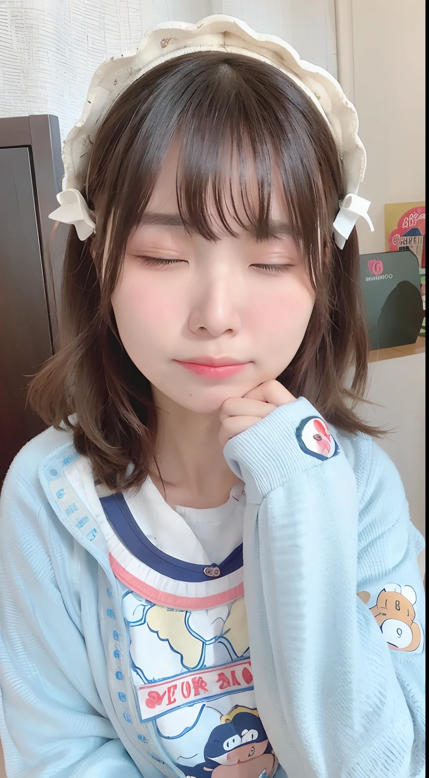 there is a woman with her eyes closed and her eyes closed, sakimichan, clear cute face, wan adorable korean face, belle delphine, chiho, 奈良美智, jaeyeon nam, shikamimi, squinting, lalisa manobal, with cute - fine - face, sun yunjoo, sleepy expression
