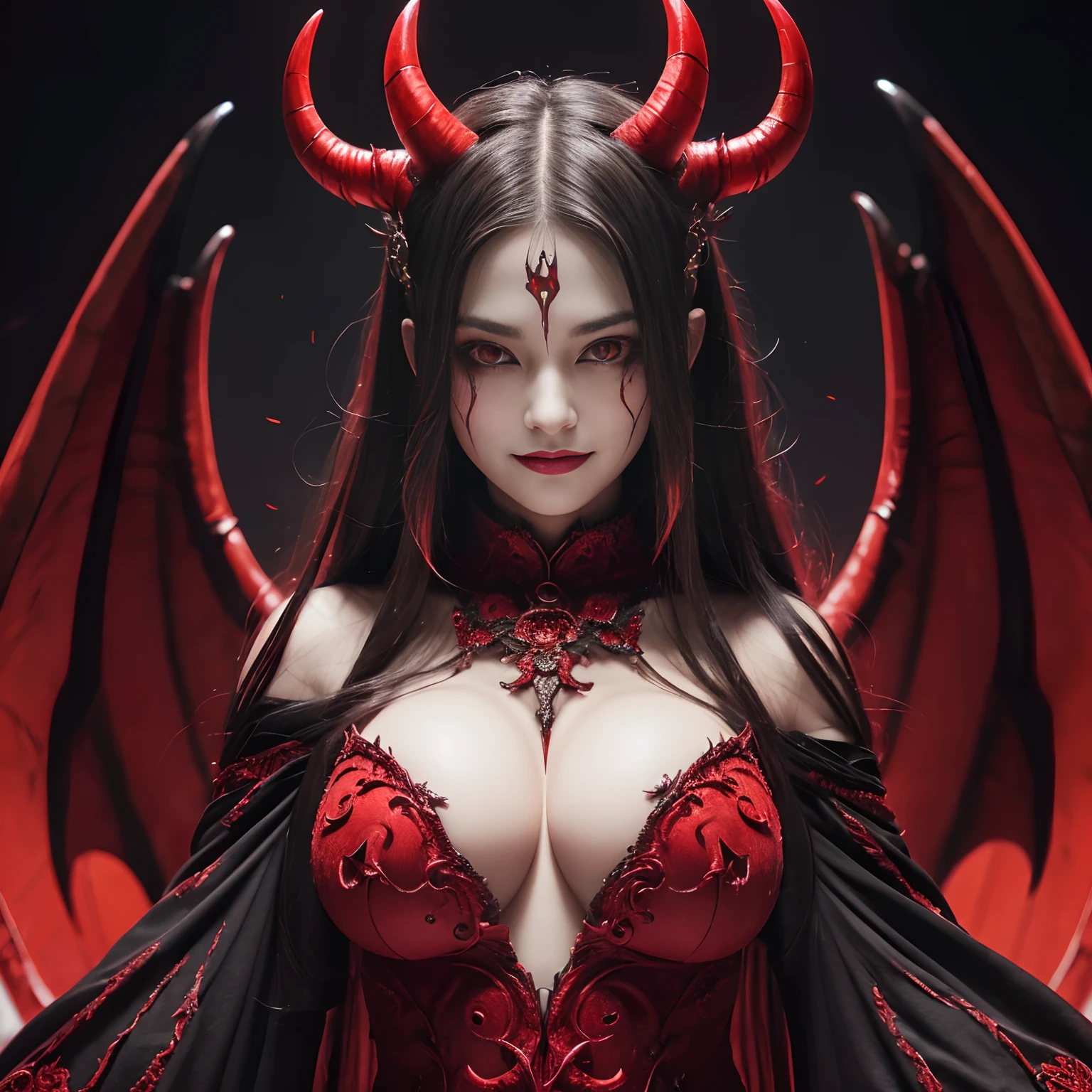 ((A very terrifying demon queen,Final form as a complete demon,The Devil's Masterpiece,Demon King,The most dignified demon,Intricate and solemn dresses,Complex and majestic demon figure,The most majestic figure of the devil,The most intricate depiction of the devil,Intricate reproduction of perfect demonic details)),pregnant,Most beautiful face,The most luxurious and intricate dresses,The biggest smile looking at the camera,(eyes glowing red,Glowing red eyes,Glowing red eyes)),Chest that seems to burst,Giant wings of the devil,a lot of blood on the face,,The background is the perfect Devil's Castle look,Masterpiece,8K,very intricate,ultra-detailliert