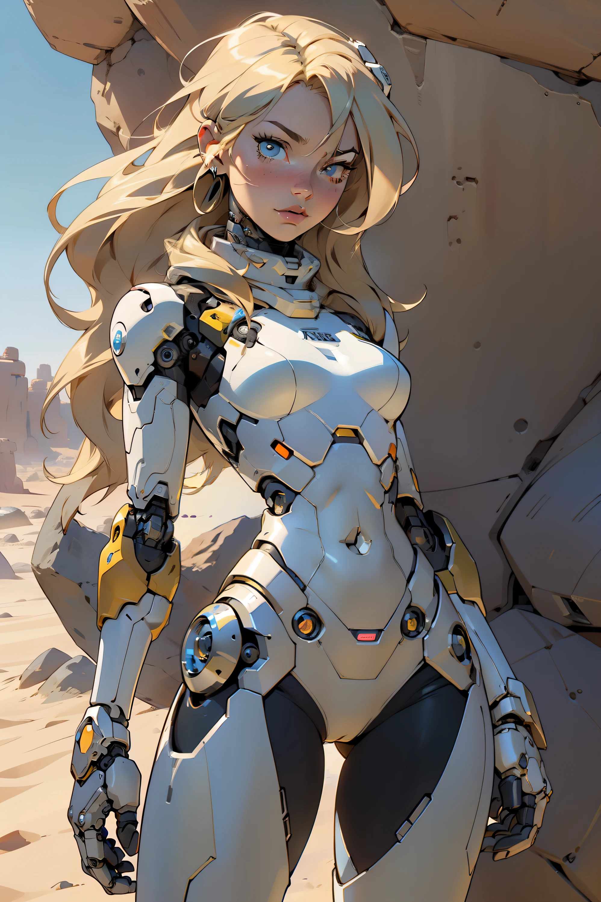 high quality, 4k, masterpiece, beautiful, cyborg girl, cowboy shot, dull eyes, looking at viewer, long blonde hair, girl, small breasts, fit thigh, robotic arms, robotic body, cyborg body, yellow accent, intricate detail, joint, detailed lines, robotic detail, holding fist up, holding hand up as fist, color robotic parts, robotic parts with color, perfect fingers, on a desert planet, sunny background, colorful desert,