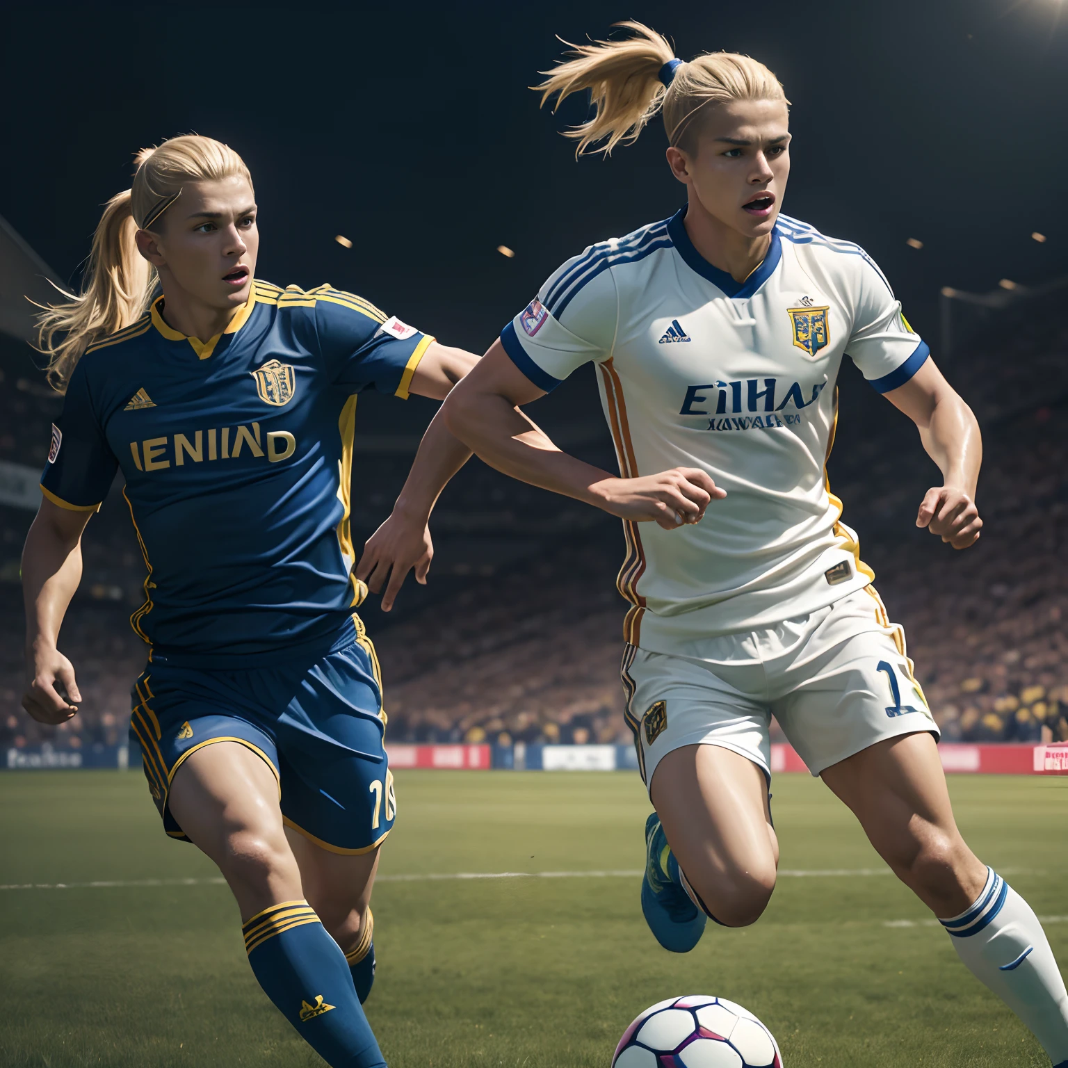 finest image, (8k, RAW photo, realistic), detailed and delicate depiction and flashy and dynamic painting method, soccer match, running up while dribbling, furious dash, keeper in front of you, opposing players chasing, grass soccer field, enthusiastic spectators, dynamic, handsome athlete with blonde ponytail
