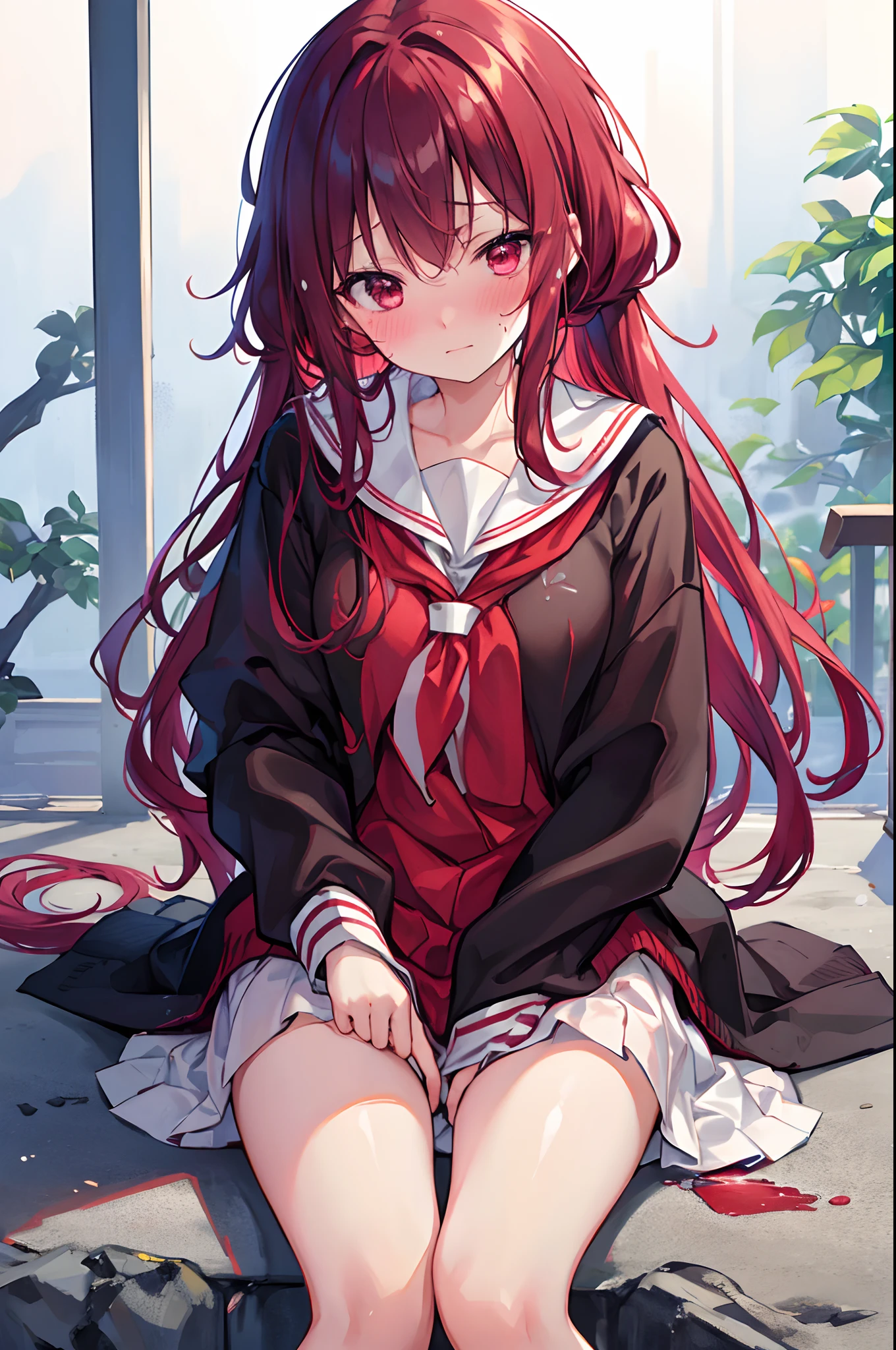 8K, Best Quality, masutepiece, Highly detailed,wetting hair、Wet clothes、student clothes、red blush、Ashamed、schools、Drenched hair、Drops dripping from hair