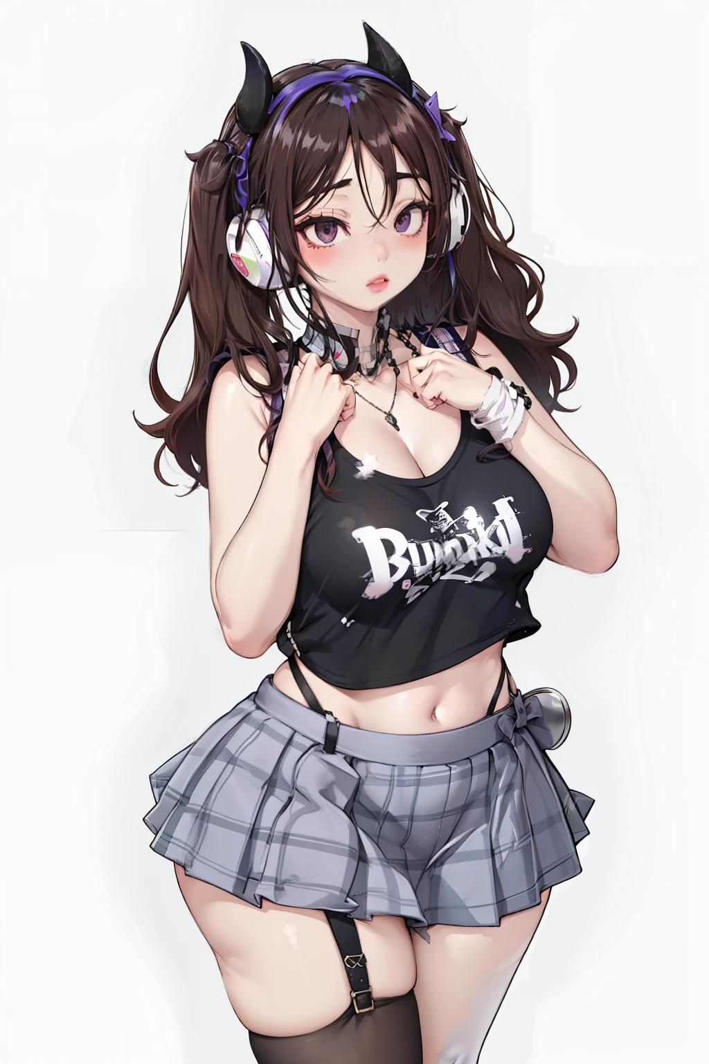 masterpiece, best quality, highres, chromic aberration, light purple eyes, wide hips, thick thighs, sleeveless, midriff, light brown hair, cleavage, long hair, twin tails, asymmetrical bangs, streaky hair, tank top, black thighhighs, micro skirt, seductive pose, plaid skirt, ribbon, huge breasts, bowtie, indoors, cowboy shot, garter belt, realistic, thick lips, looking at viewer, thick thighs, jirai kei, headphones, (succubus horns), necklaces, ear piercings, dark background