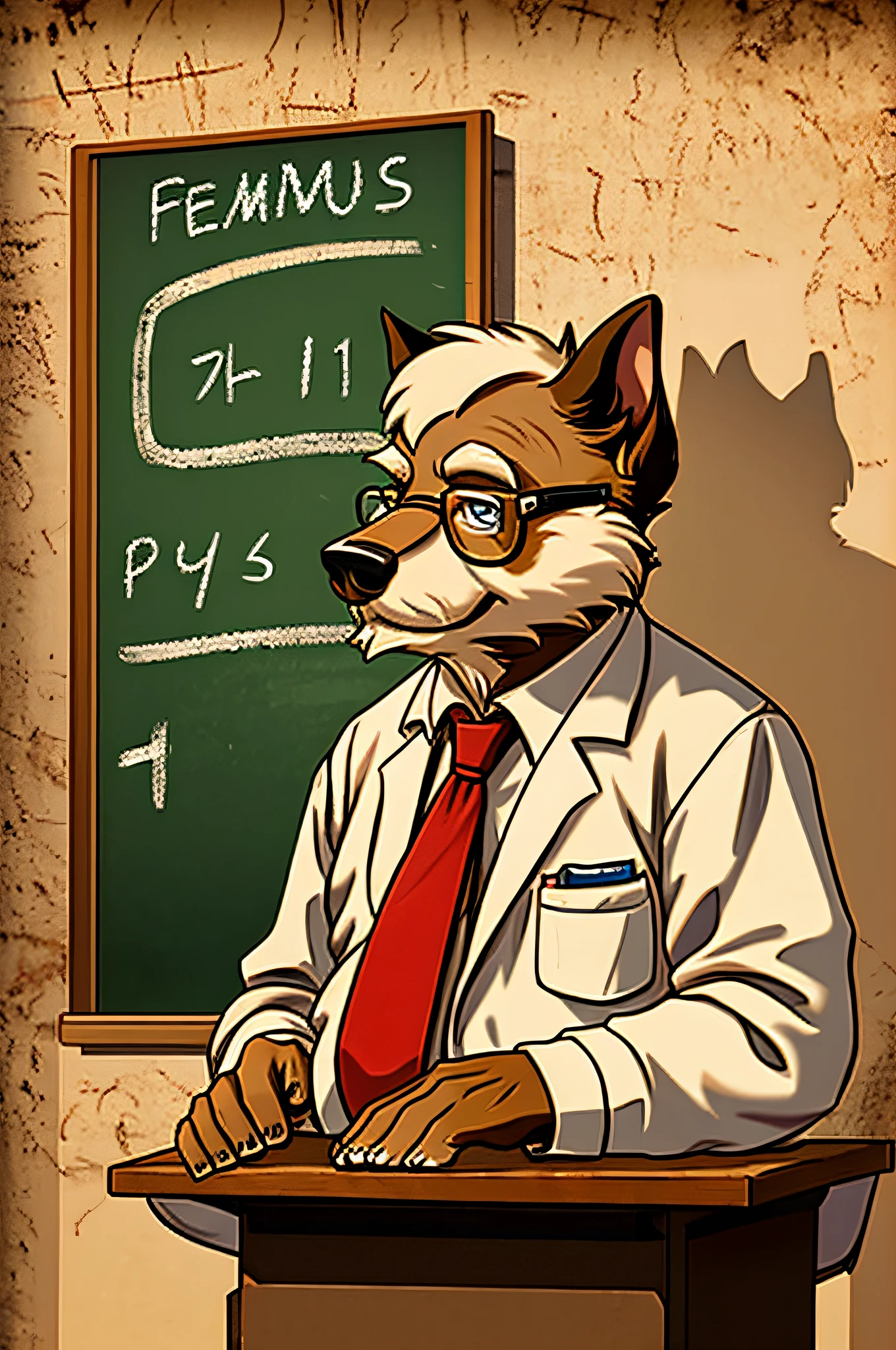 A fairly elderly professor uses a blackboard to explain mathematical formulas.、Old dog Westland Terrier、‎Classroom、Vintage Sepia Photography