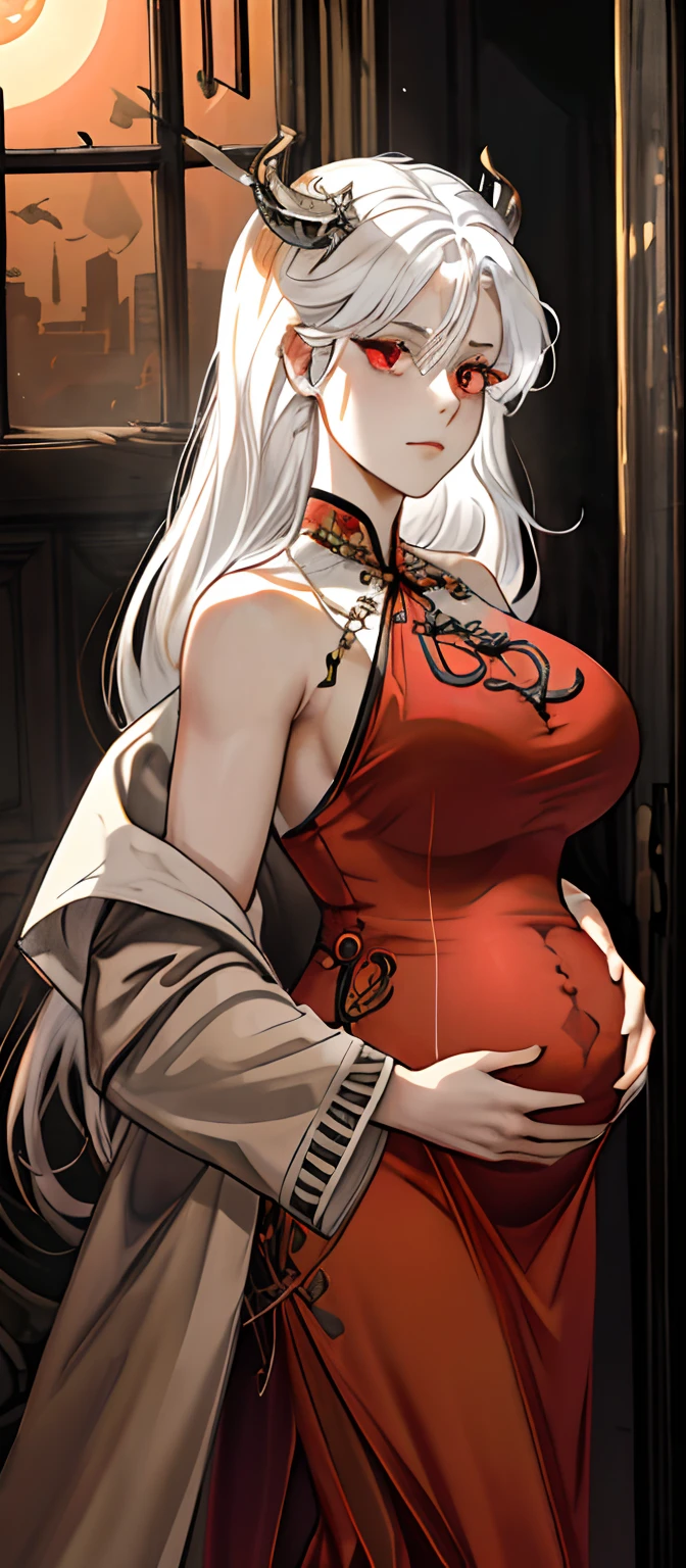 1female, White hair, Red eyes, (woman，Royal Sister_Shot:1.2), breasts focus, Long hair, side locks,Expressions of danger，Extreme panic，Chest close-up front，After being violated ，Scared,(terrified:1.1) expression, Place one hand behind your back, Atmospheric lighting, Moody, Darkness, In an abandoned old museum, Clear glass display case full of interesting items, Dusty, Post-apocalypse, spiderwebs, masterful, Beautiful 8k wallpaper,Camel hooves ，Extremely detailed, Intricate，a warm color palette，Half naked chest，huge tit（D），plethora of colors，bright sun，Wear a gorgeous coat，Wear a cheongsam inside，Broken clothes，With a queen-like temperament，succubi，Beautiful young woman，Expose the belly,pregnant women with