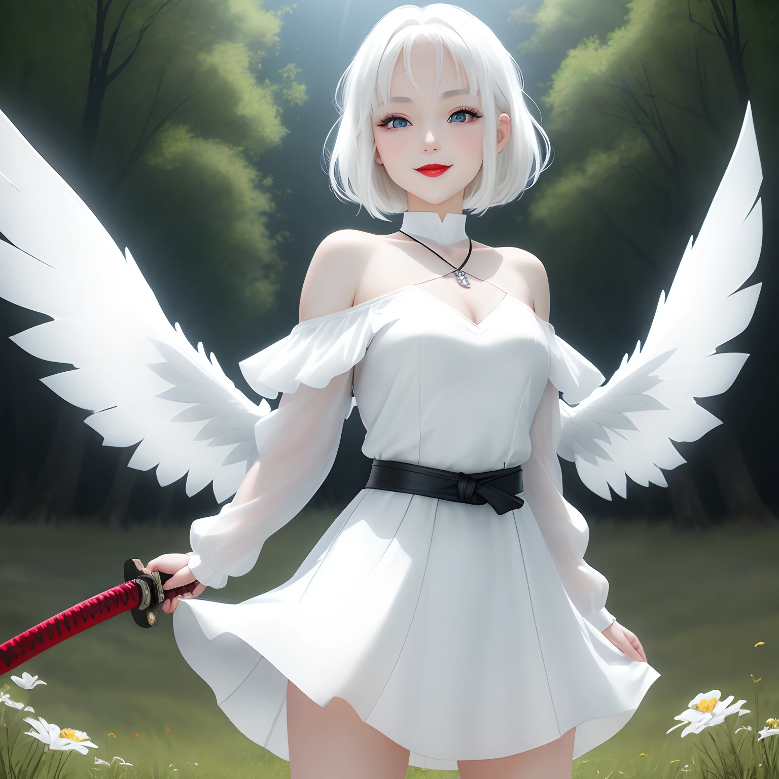 Anime character, girl, beautiful short shoulder length hair, white dress, wearing a thigh length dress, long sleeved dress, white hair, beautiful face, light blue eyes, 8k resolution, HD quality, very detailed body parts, full body, standing pose, smiling sweetly,Holds a glowing katana, black belt, Black necklace, Has glowing white wings detailed, red lips, grassland background