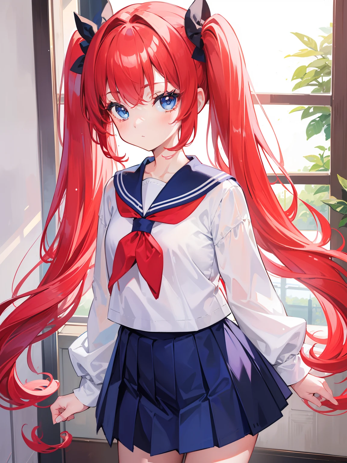 {{best quality}}, {{masterpiece}}, {{ultra-detailed}}, {illustration}, {detailed light}, red hair, blue eyes, twintails, Sailor suit,Pleated skirt,cute face,li,liirl,