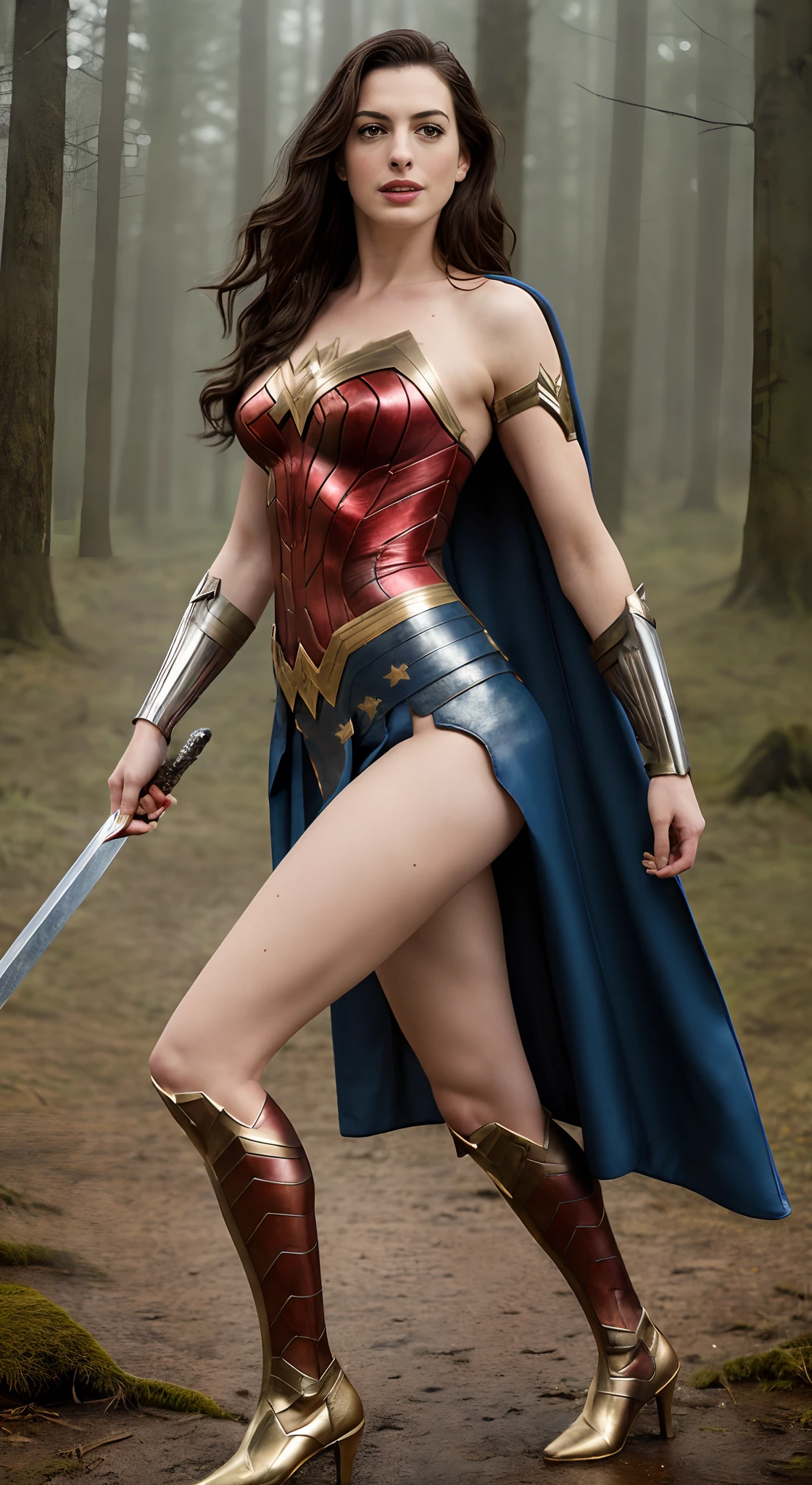 (Raw photo) of  Anne Hathaway (she is pposing in a  wonder woman costume, highly sexualized costume :1.9, action woman sexualized pose, long legs, stunning woman, beauty, gorgeous, seductive smile), (posing with a sword,  rainy background, ancient forest city background, 6 feet tall, tall actress) [insanely detailed skin texture, sexy attractive texture, freckles, wrinkles ,lines] ((detailed environment)) (ultra detailed features, depth of field) (( perfect body parts, Kodak 200T, bright natural photorealistic lighting, global illumination ,Clear facial features, 85mm, 100mm lens, f/1.8 uplight, Ilford film stock --ar 16:9 --q 2 --v 5, Create ultra-detailed images textures, capturing every detail with precision ))