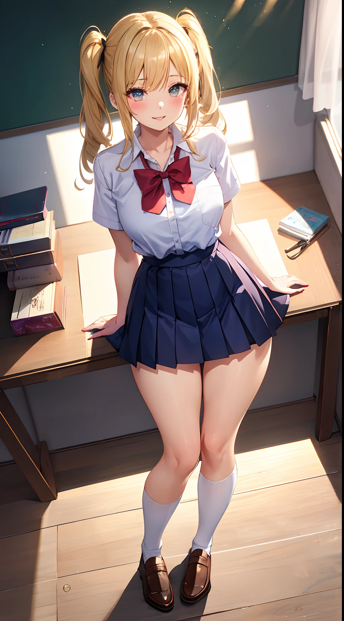 1girl in, Parted lips, blush, makeup, lightsmile, School uniform, Full body, Wide Angle, From  above, crass room, llight rays, Glow, thighs thighs thighs thighs, 鎖骨, Narrow waist, (masutepiece), Wallpaper,Beautiful skins、twin-tail hair、Bright blonde hair