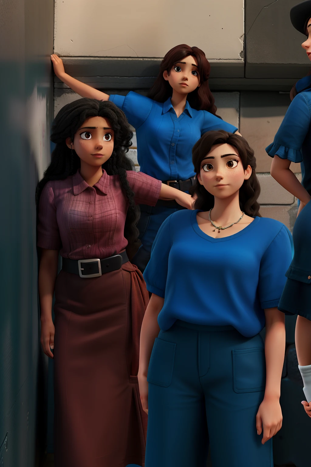 3 women standing against the wall