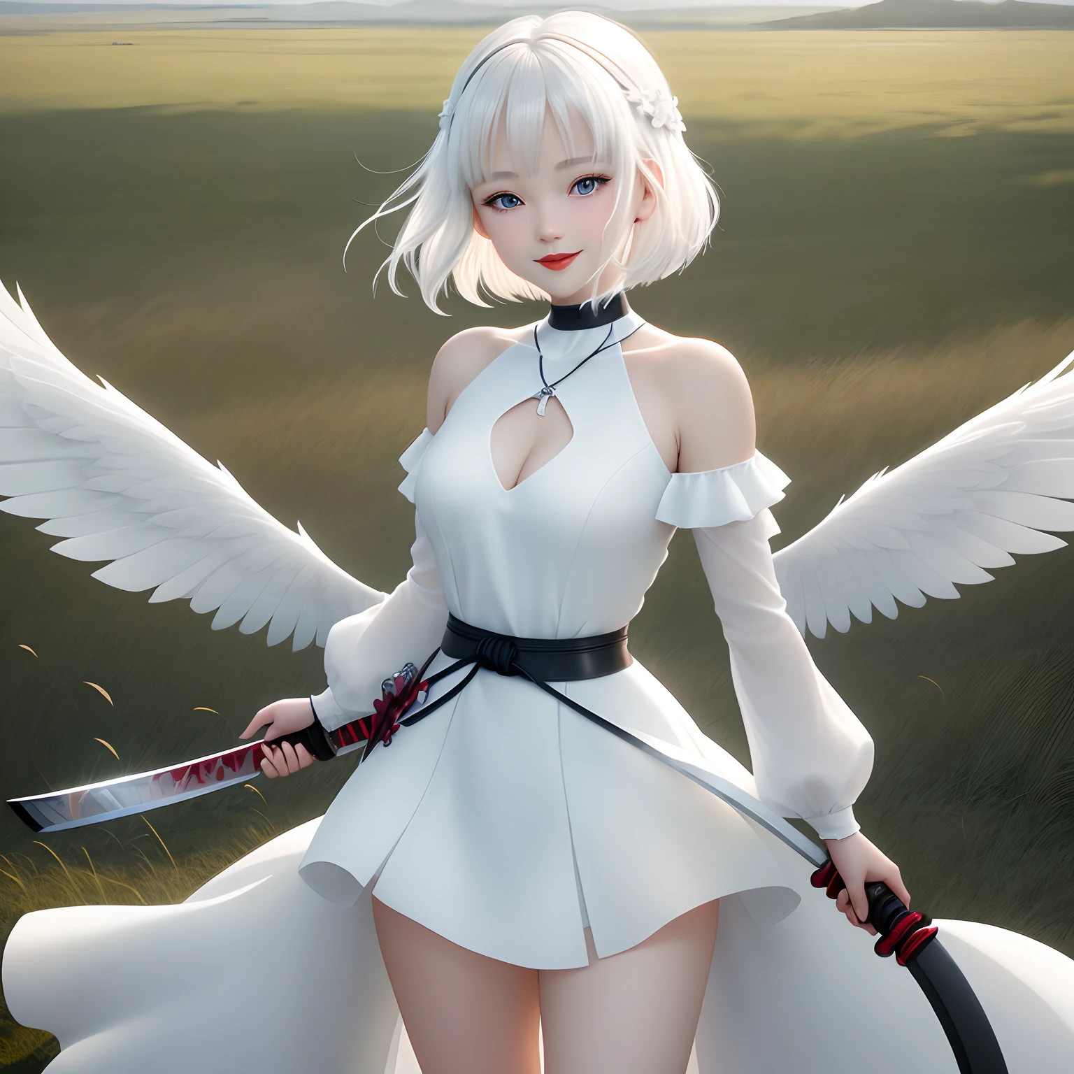 Anime character, girl, beautiful short shoulder length hair, white dress, wearing a thigh length dress, long sleeved dress, white hair, beautiful face, light blue eyes, 8k resolution, HD quality, very detailed body parts, full body, standing pose, smiling sweetly,Holds a glowing katana, black belt, Black necklace, Has glowing white wings detailed, red lips, Dress torn at chest, grassland background,HDR resolution, cinematography shot