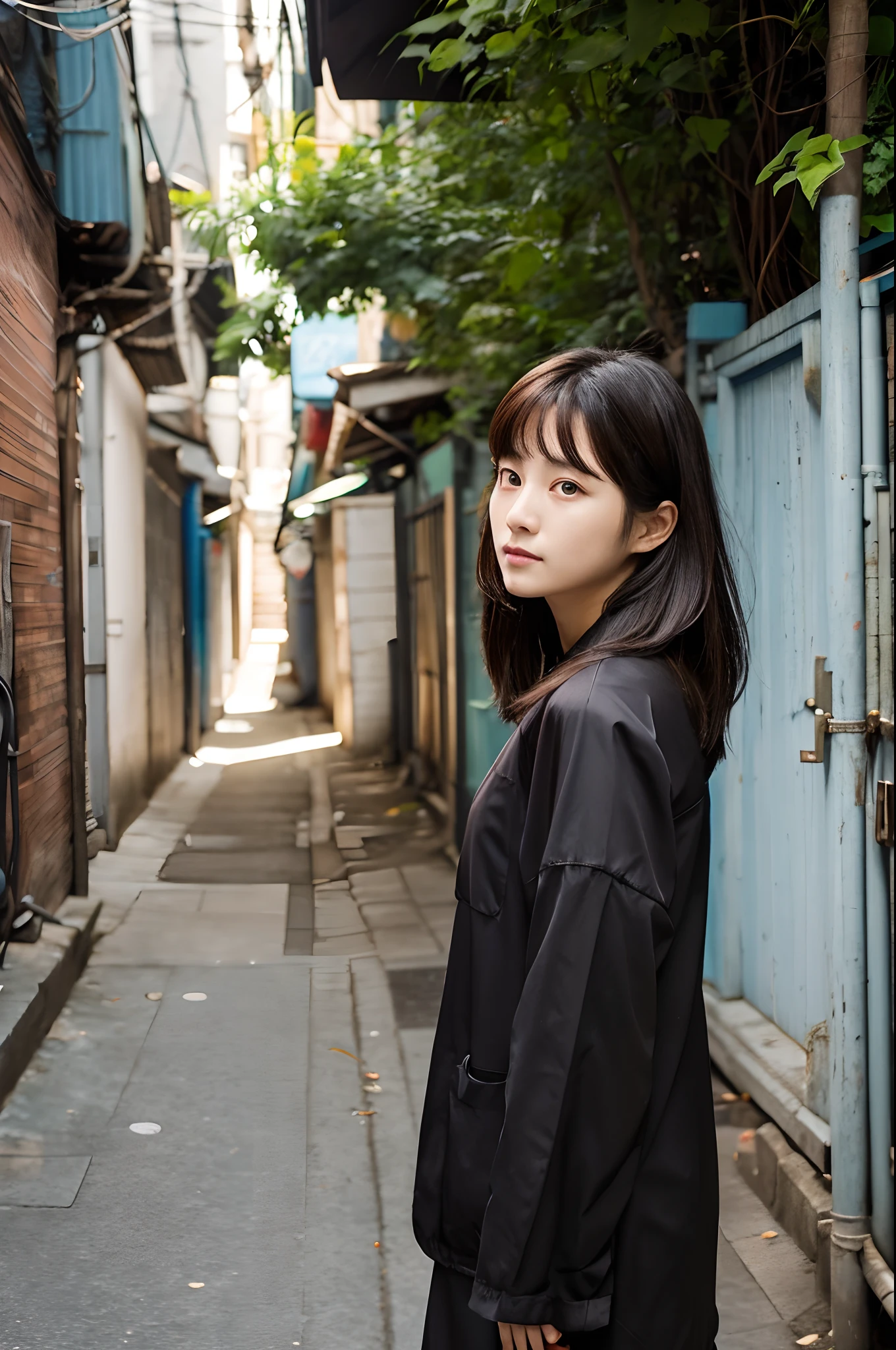 Korea person　college aged　Woman standing in the background of an alley in the city　Hair is semi-long