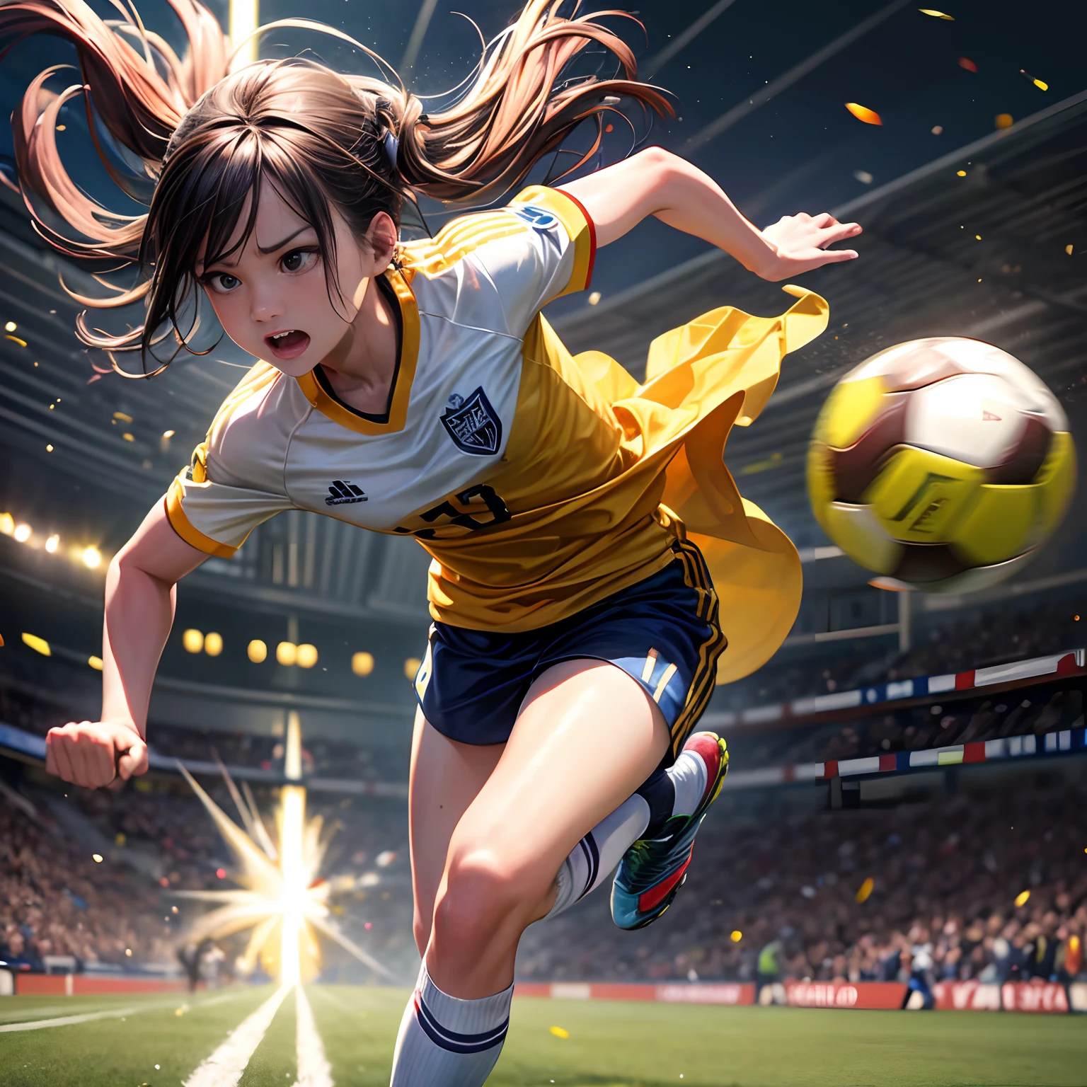 finest image, (8k, RAW photo, realistic), detailed and delicate depiction and flashy and dynamic painting method, soccer match, running up while dribbling, furious dash, keeper in front of you, opposing players chasing, grass soccer field, enthusiastic spectators, dynamic, well-defined face