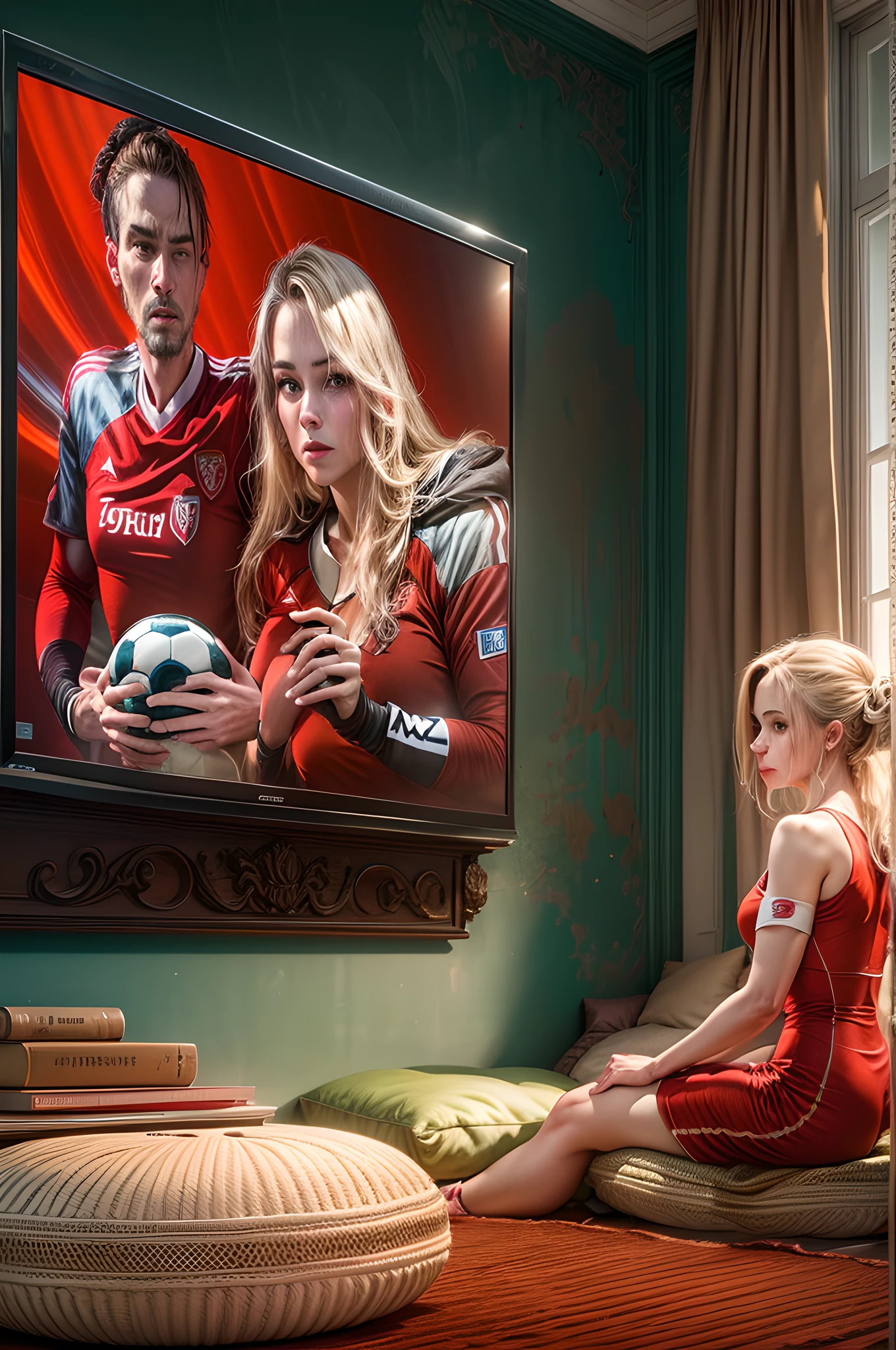 a picture of a woman sitting in her living room on the sofa, watching football on TV screen, an exquisite beautiful woman (ultra detailed, Masterpiece, best quality), blond hair, ling hair, blue eyes,  wearing red prom dress (ultra detailed, Masterpiece, best quality), there is a large flat TV screen on the wall(ultra detailed, Masterpiece, best quality), the tv shows a (soccer: 1.5) match modern living room background, photorealism