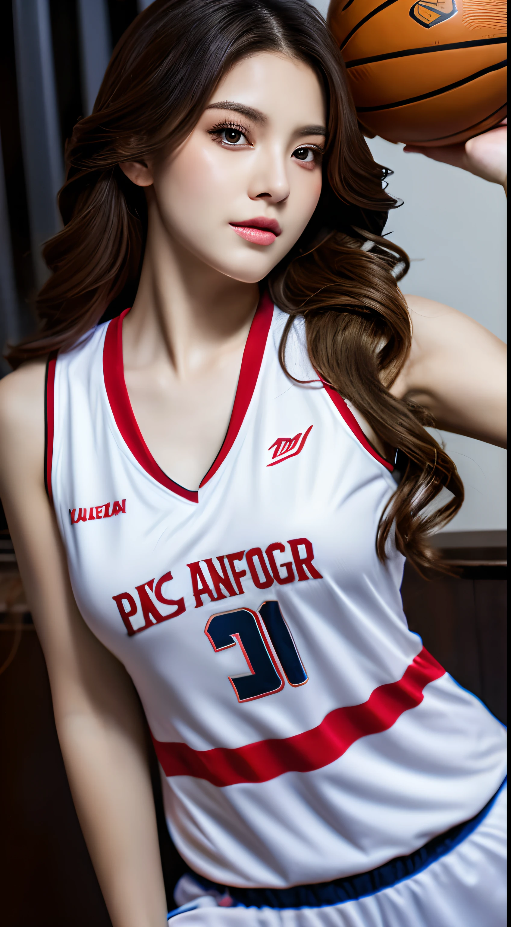 1 Mastepiece, Best Quality, Illustration, Ultra-detailed, finely detail, hight resolution, 8K Wallpaper, Perfect dynamic composition, Beautiful detailed eyes,  Natural Lip,  Full body, Random Sexy Pose Girl Standing, Wearing a basketball shirt, ighly detailed, Realistic, Holding Ball, 27yo, Long hair