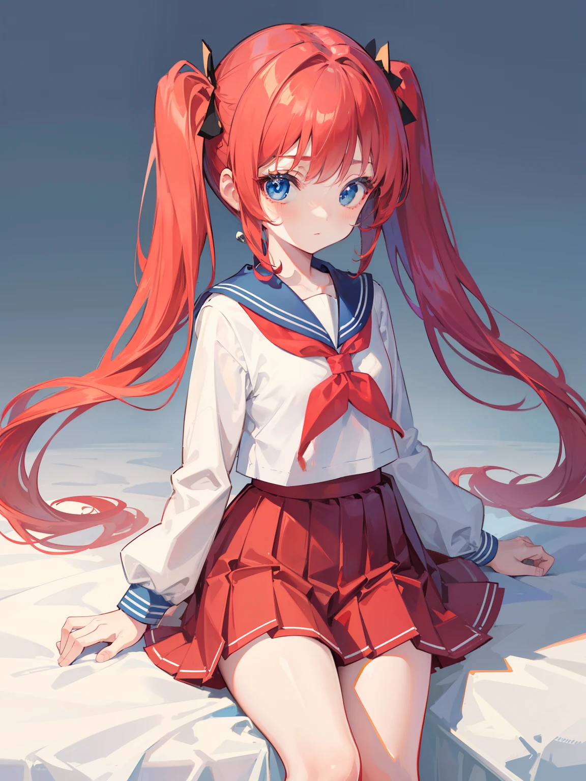{{best quality}}, {{masterpiece}}, {{ultra-detailed}}, {illustration}, {detailed light}, red hair, blue eyes, twintails, Sailor suit,Pleated skirt,cute face,loli,little girl,