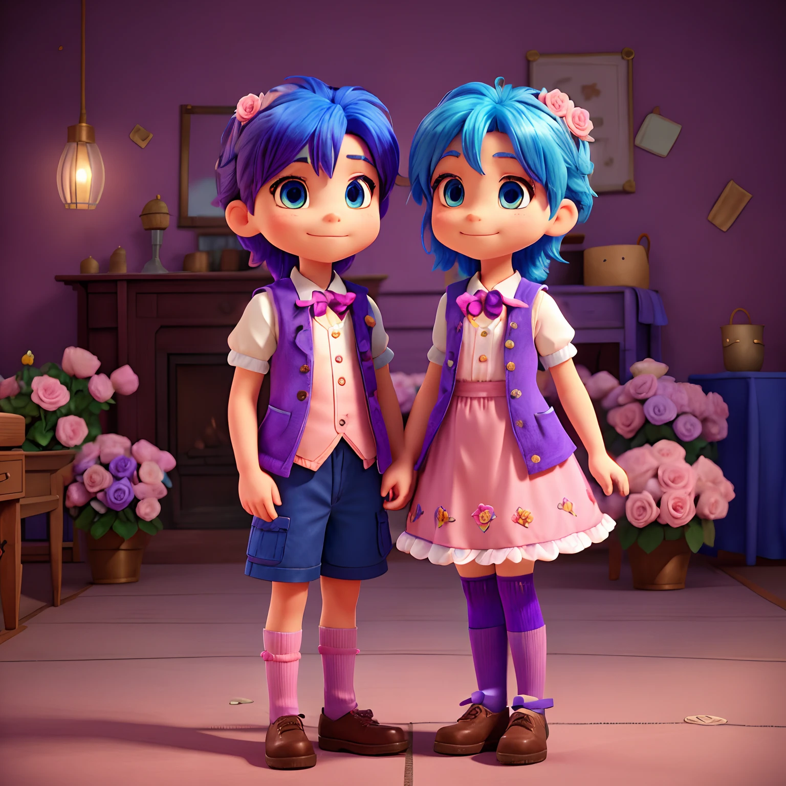 two blue haired twins as purple servants, a girl twin with pink-tails, she has roses and ribbons all over her outfit and looks happy. a boy twin with short hair with a violet vest with roses on his outfit and looks unhappy